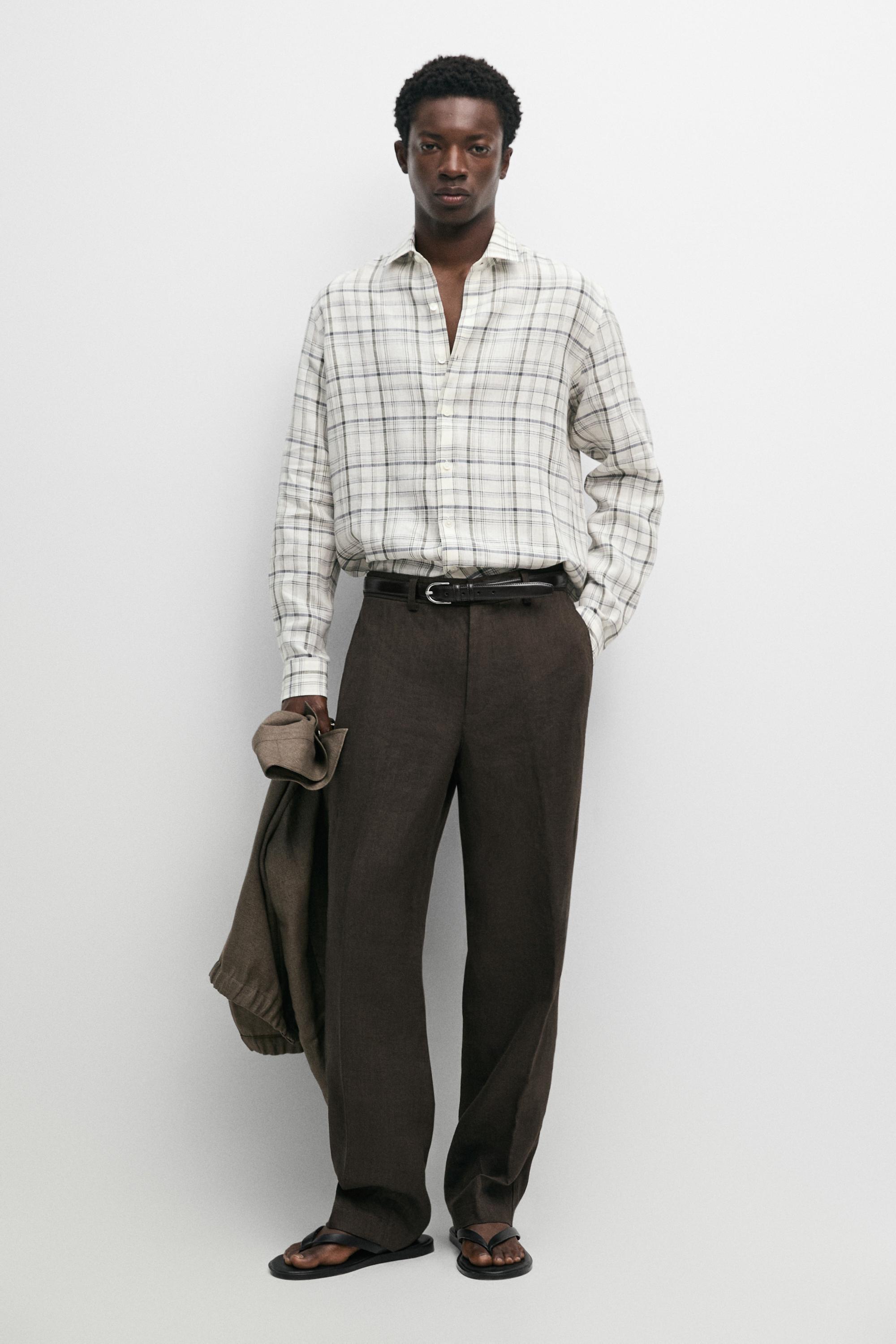 100% linen check shirt — CREAM