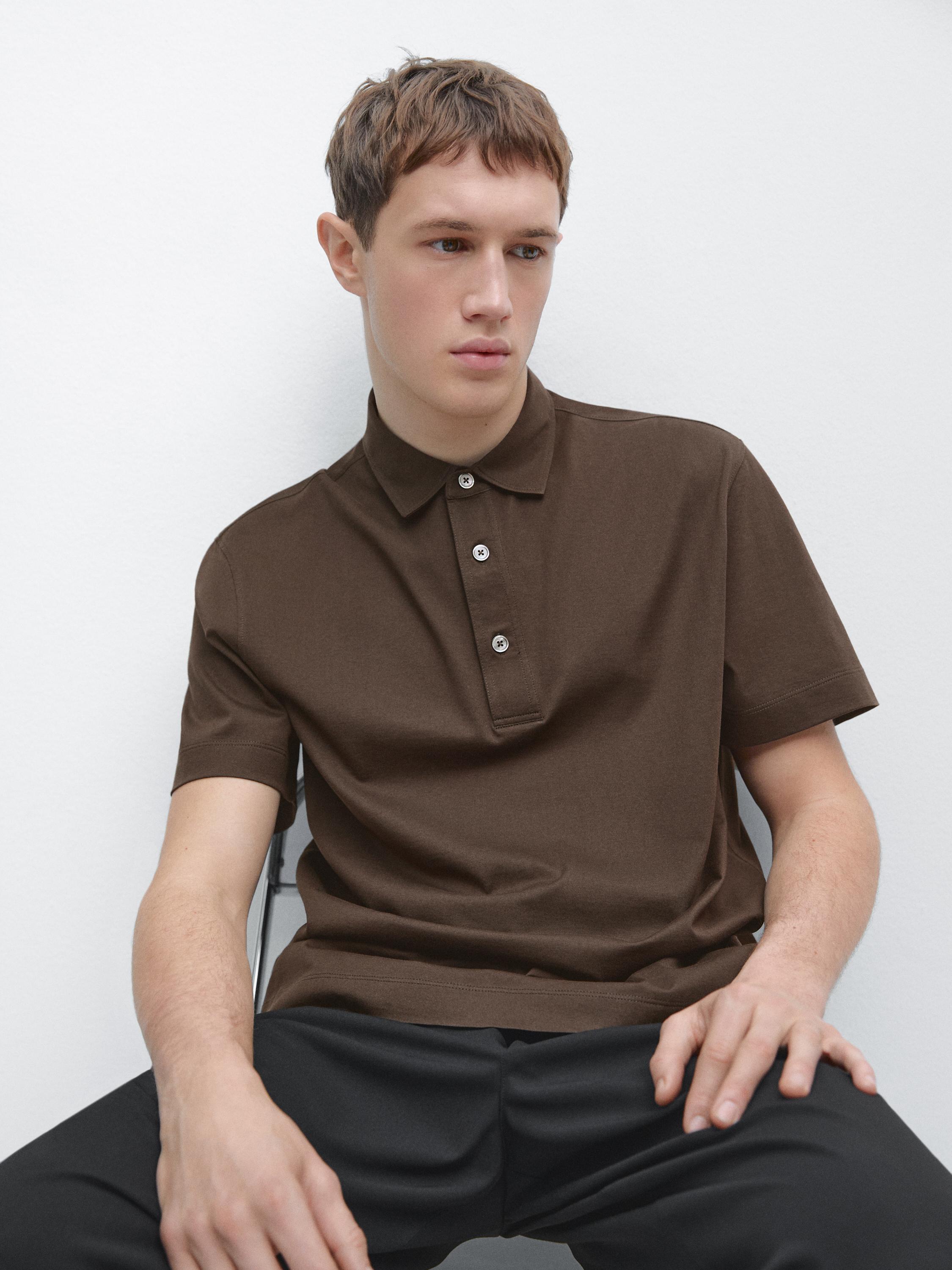Cotton blend short sleeve polo shirt — Chocolate