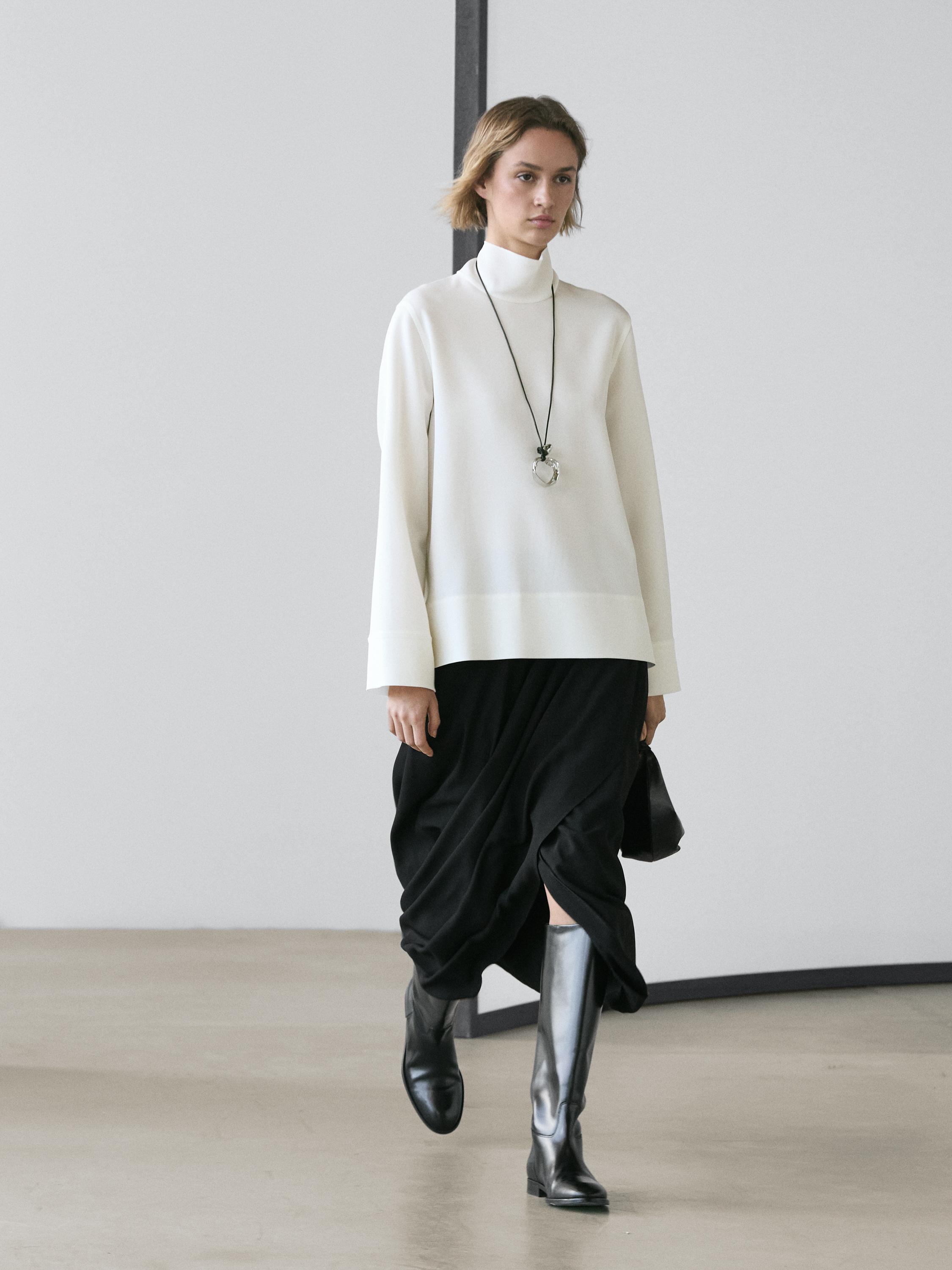 High neck blouse with hem detail — WHITE