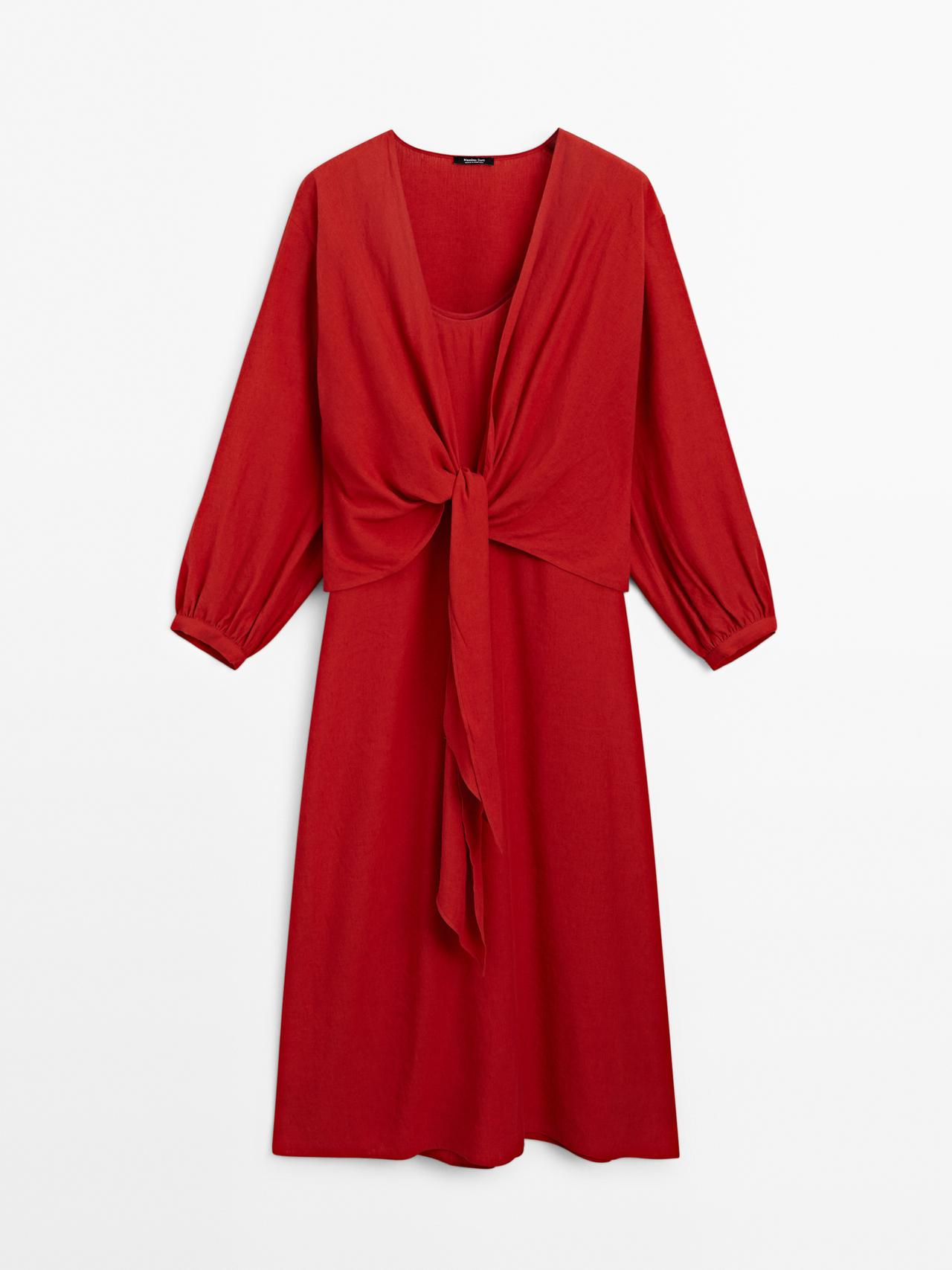 Massimo Dutti - Dame - Midikjole Med Knude I Halsudskæringen - Rød - 40