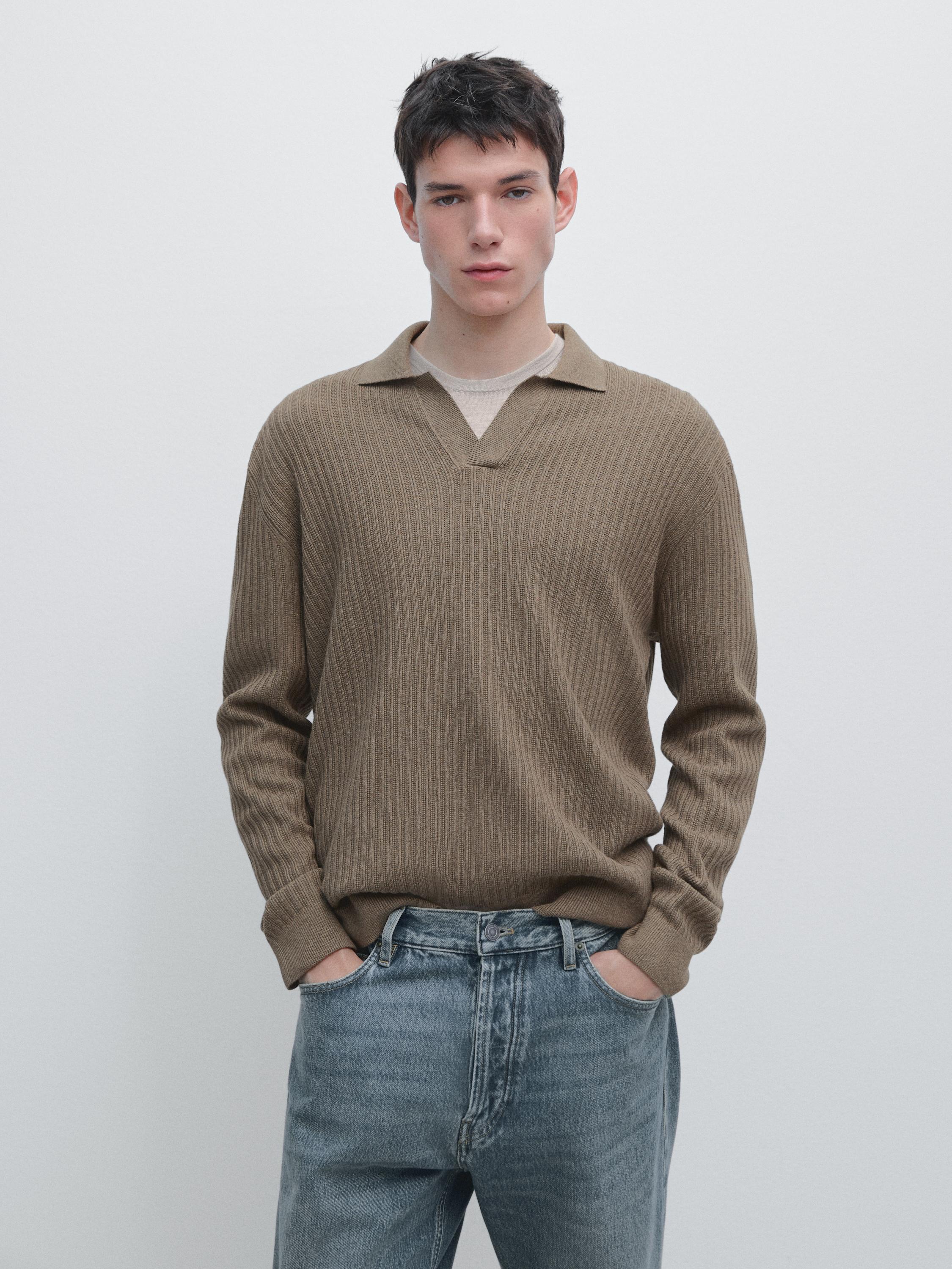 Cotton blend knit polo sweater — KHAKI