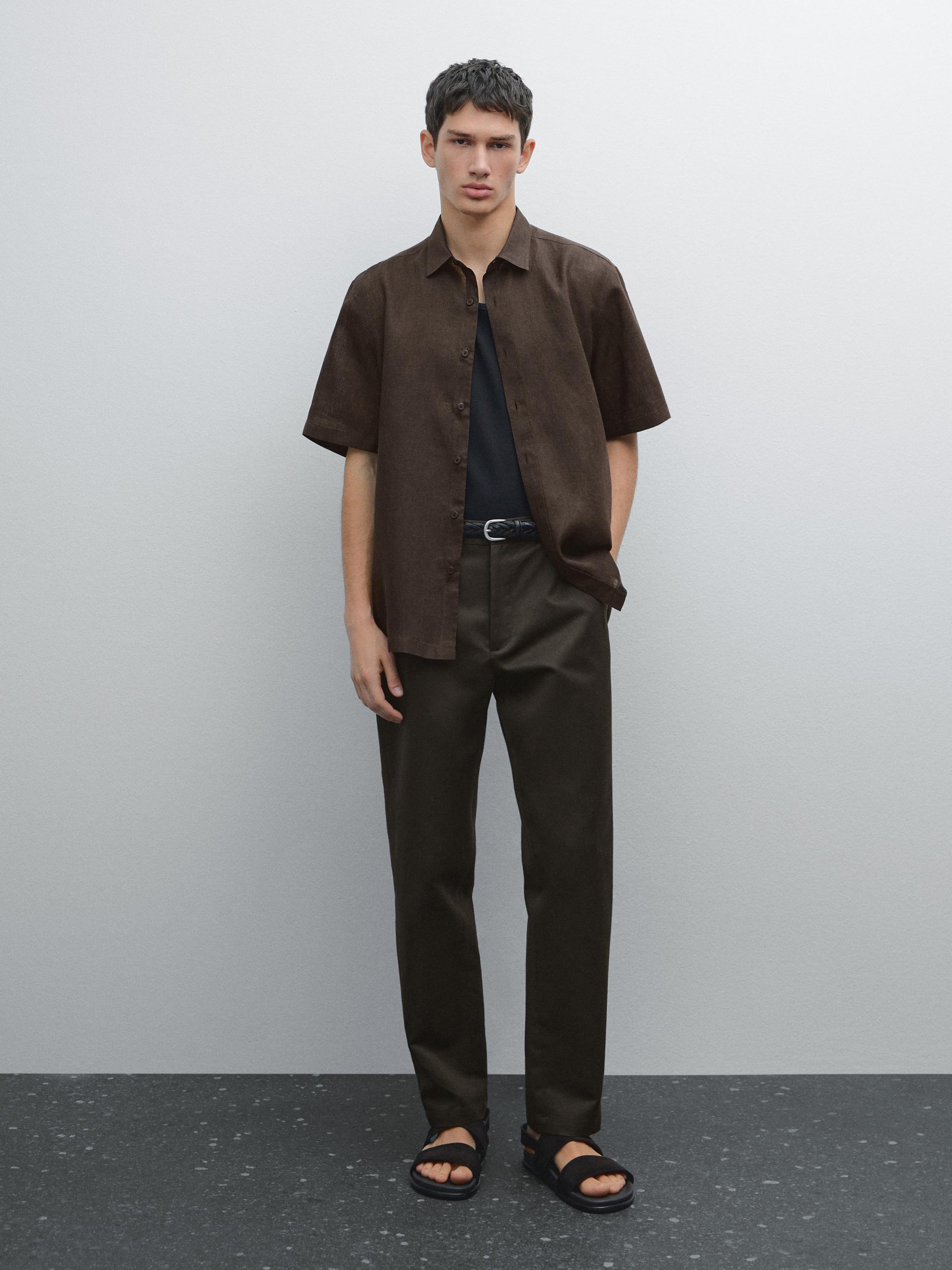 Chemise Manches Courtes Regular Fit Lin - Marron - Xl - Massimo Dutti - Homme