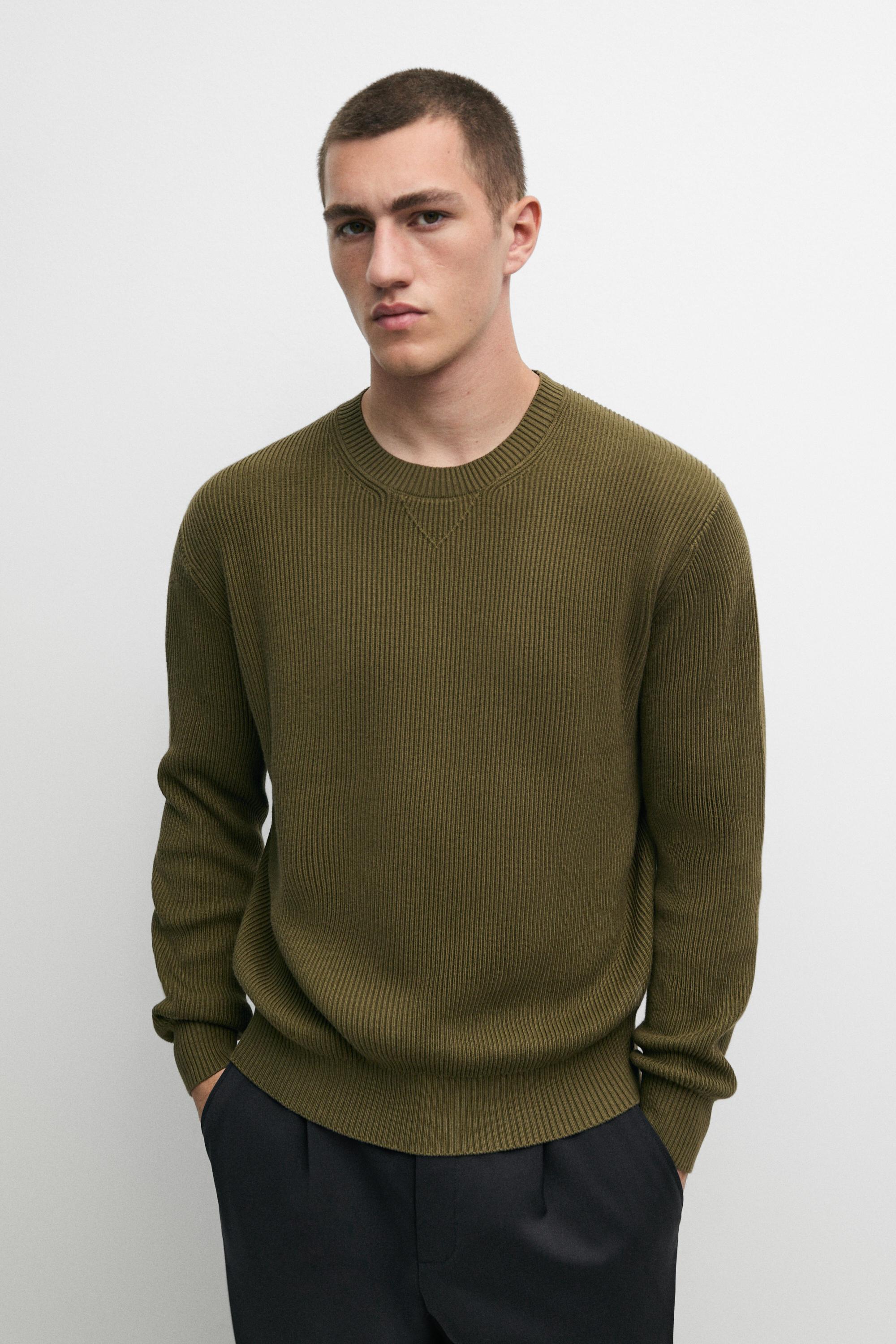 Cotton blend ribbed knit sweater — KHAKI