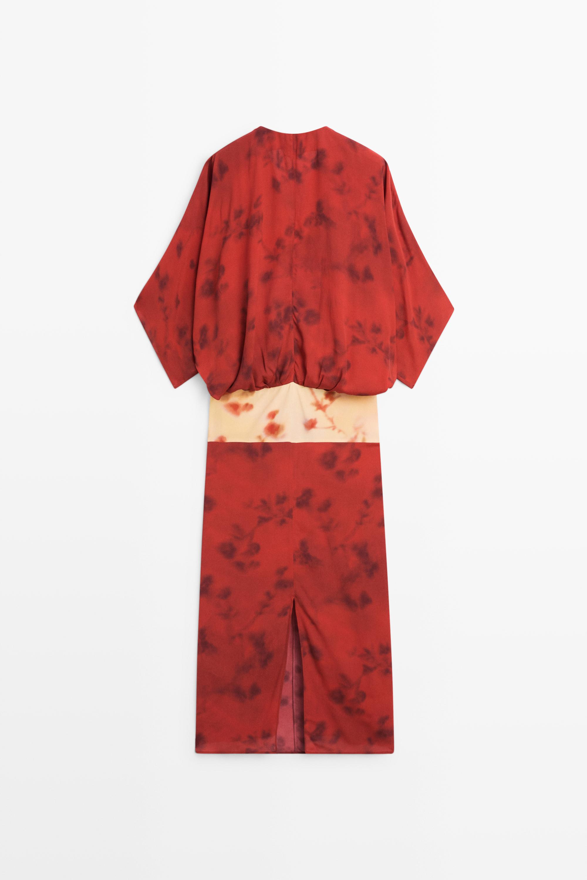 Printed flowing dress with sash detail — BRIGHT RED