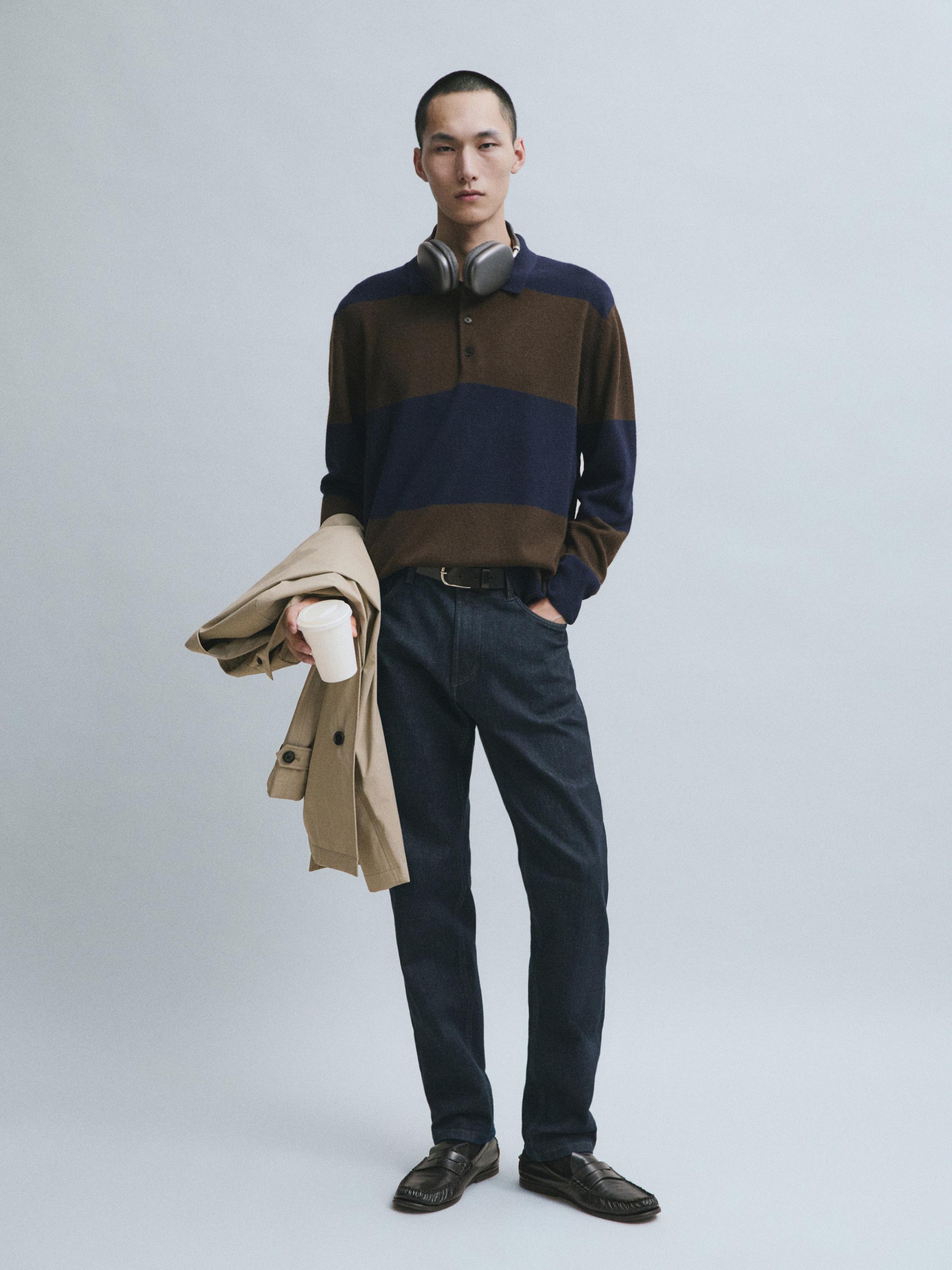 Wool-blend striped polo sweater — DEEP BLUE