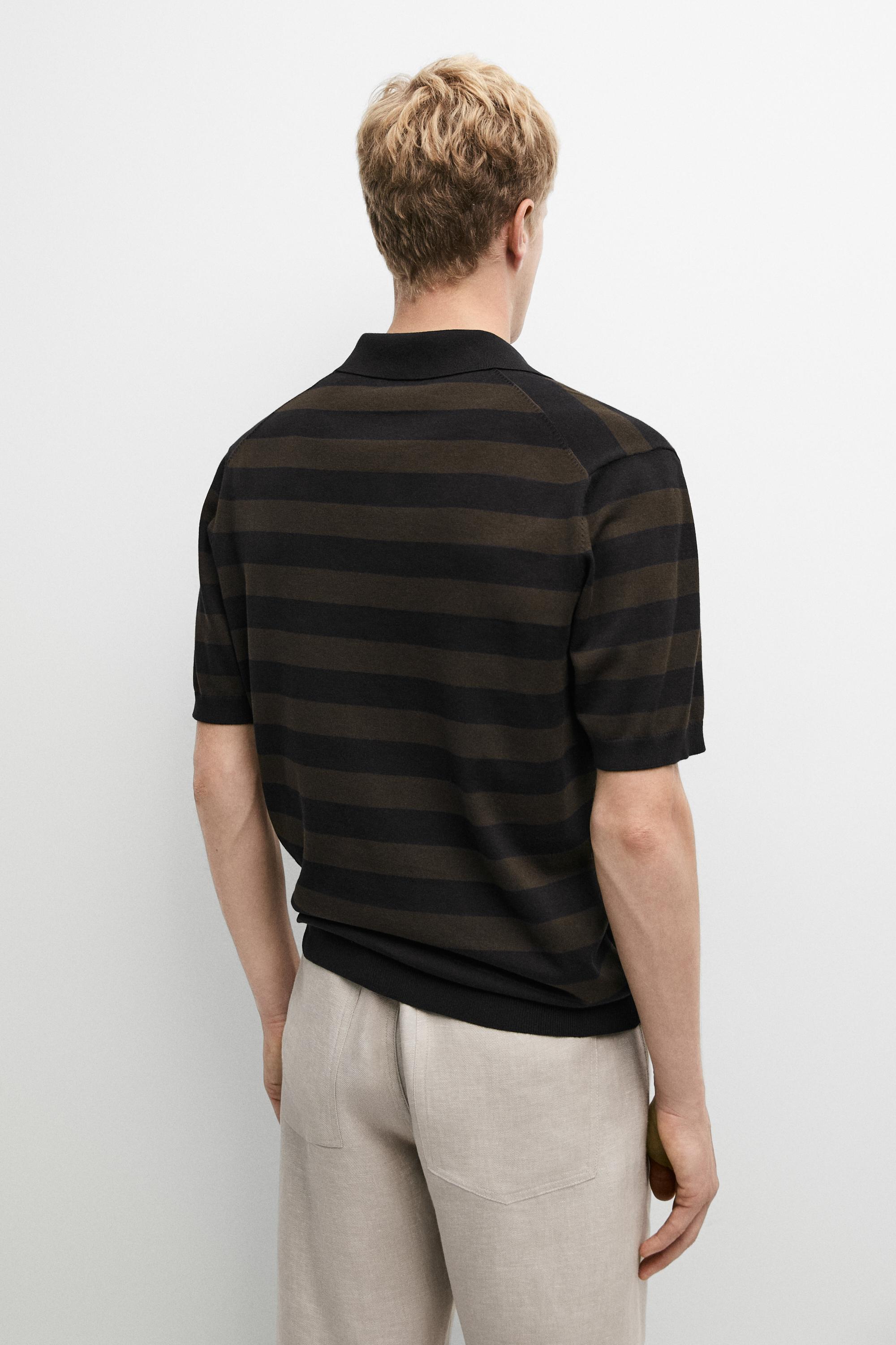 100% cotton striped knit polo shirt — BROWN MARL