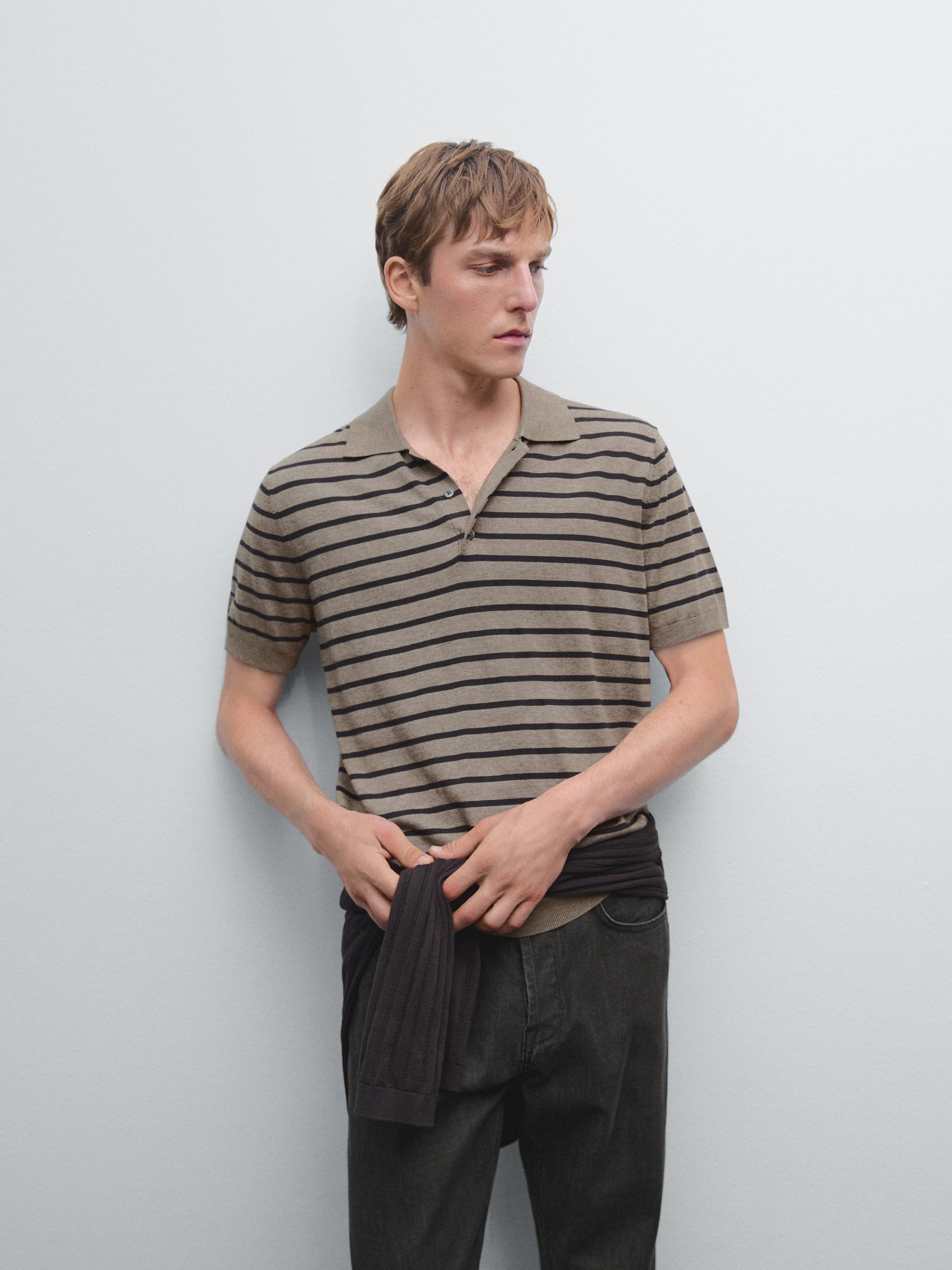 Short sleeve striped knit polo shirt