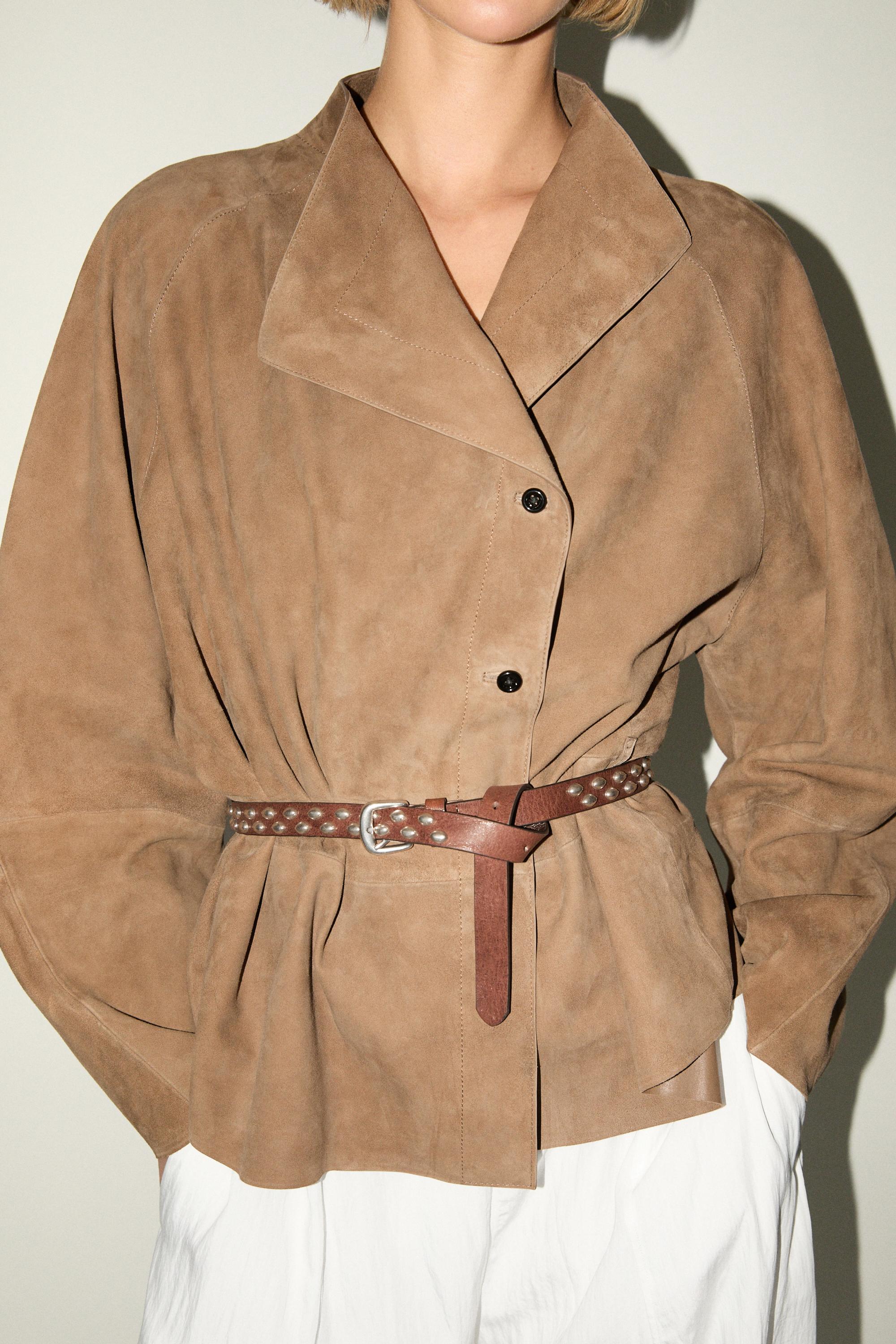 Suede leather jacket with drawstring — SAND
