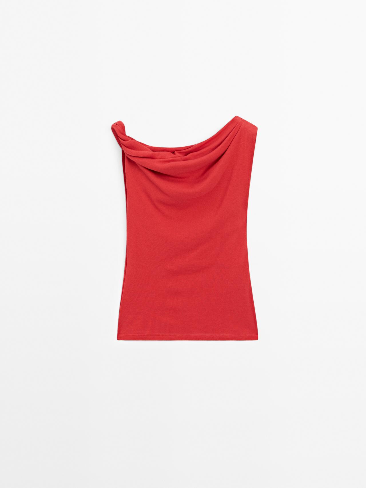 Massimo Dutti - Dame - Draperet Top I Bomuld Med Knudedetalje - Rød - Xl