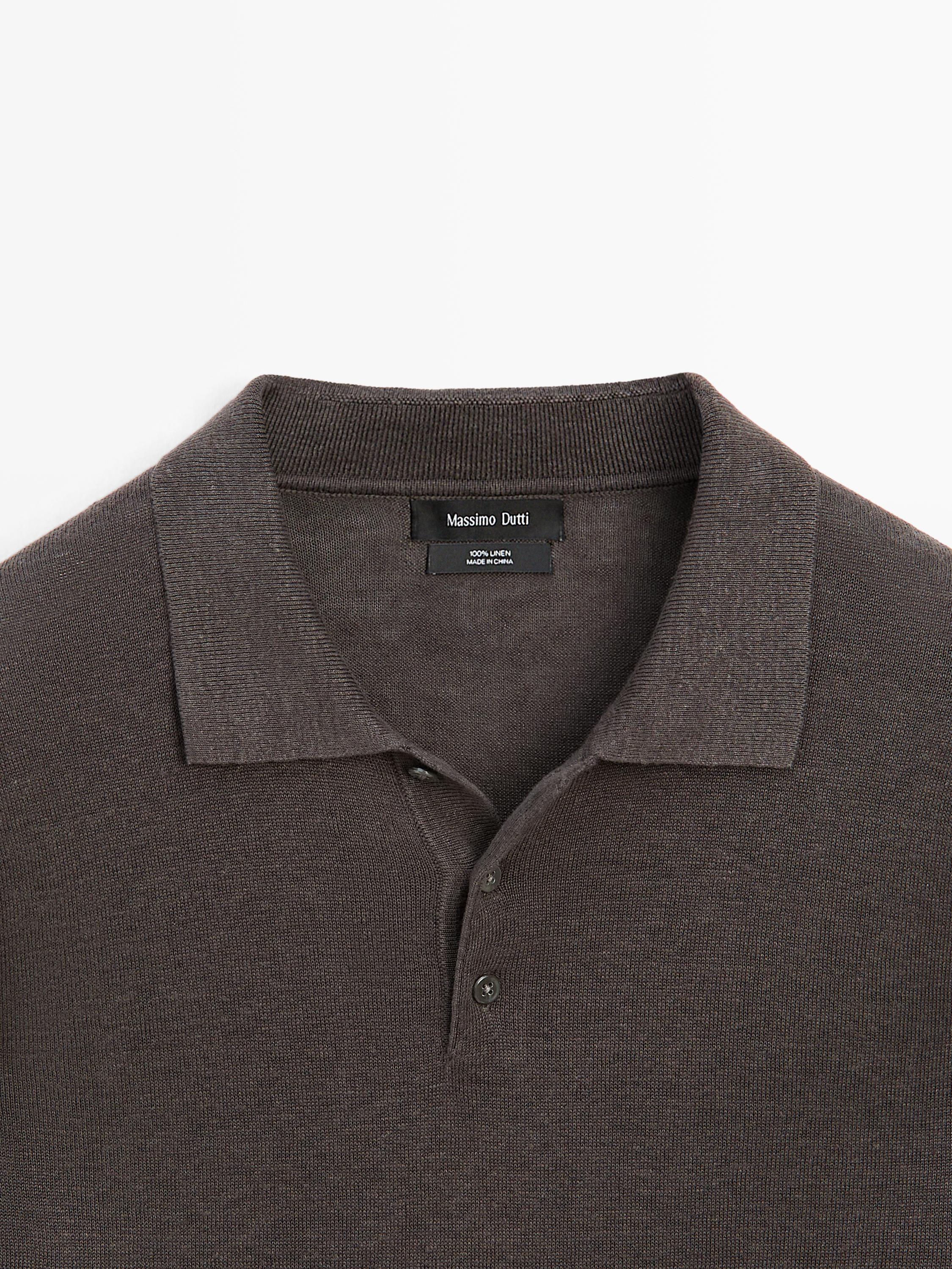 100% linen knit polo collar sweater — DARK BOTTLE GREEN