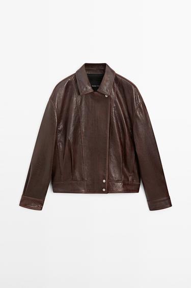 Pleated-detail Nappa leather jacket — BROWN 2