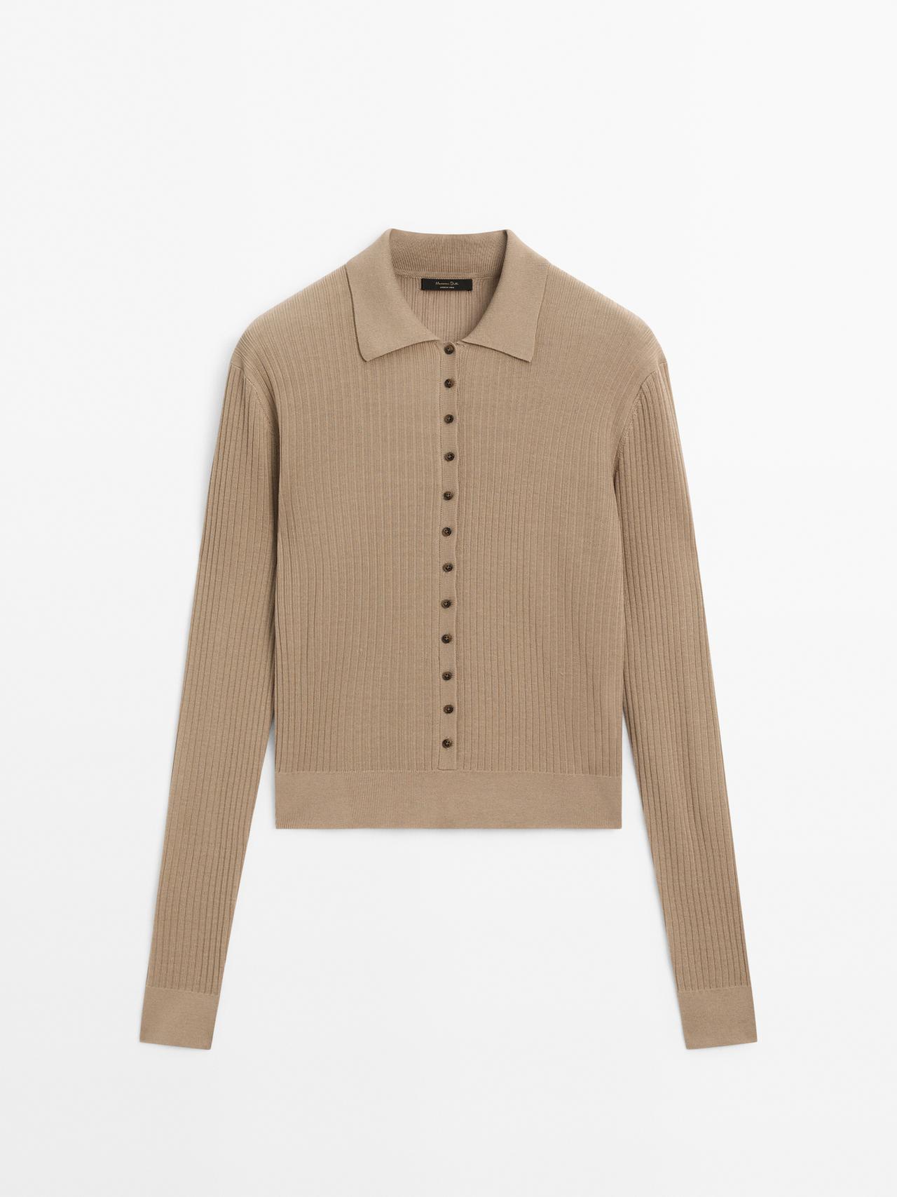 Massimo Dutti - Dame - Trøje I Ribstrik Med Polokrave Og Knapper - Camel - L