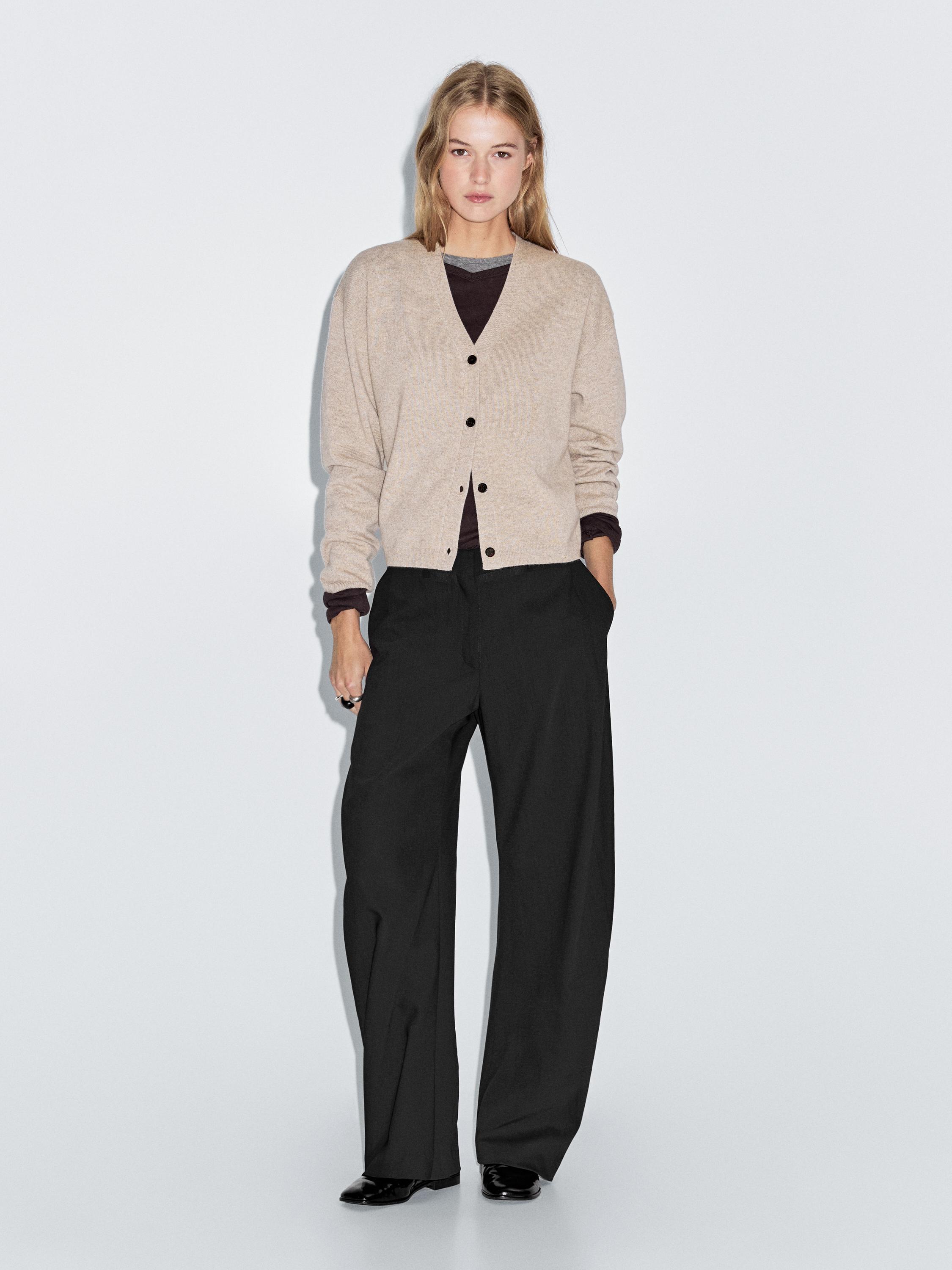 Wool blend V-neck knit cardigan · Mink, Caramel, Black · Tops And