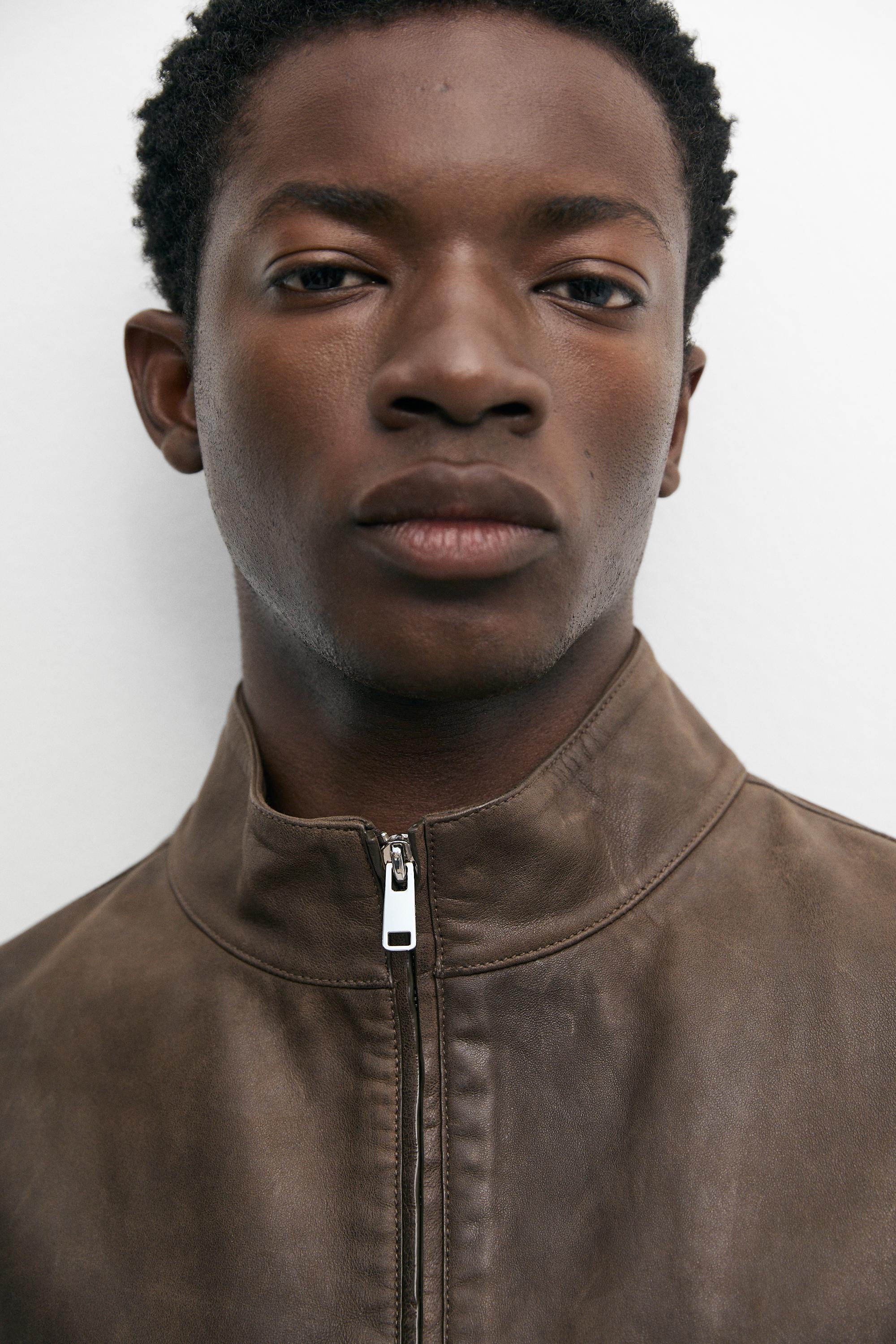 Nappa leather jacket with collar detail — Khaki
