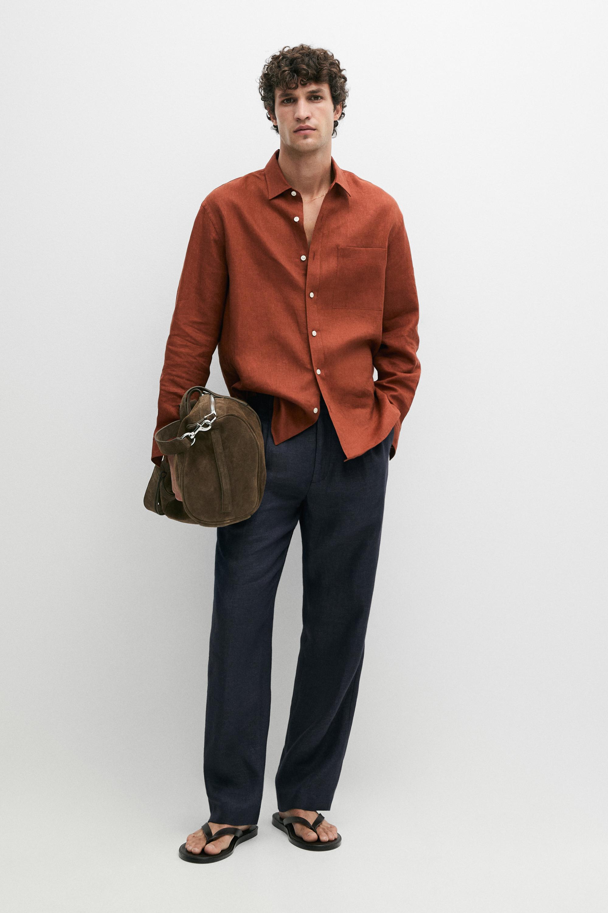 Regular fit 100% linen shirt with pocket detail — BURNT ORANGE