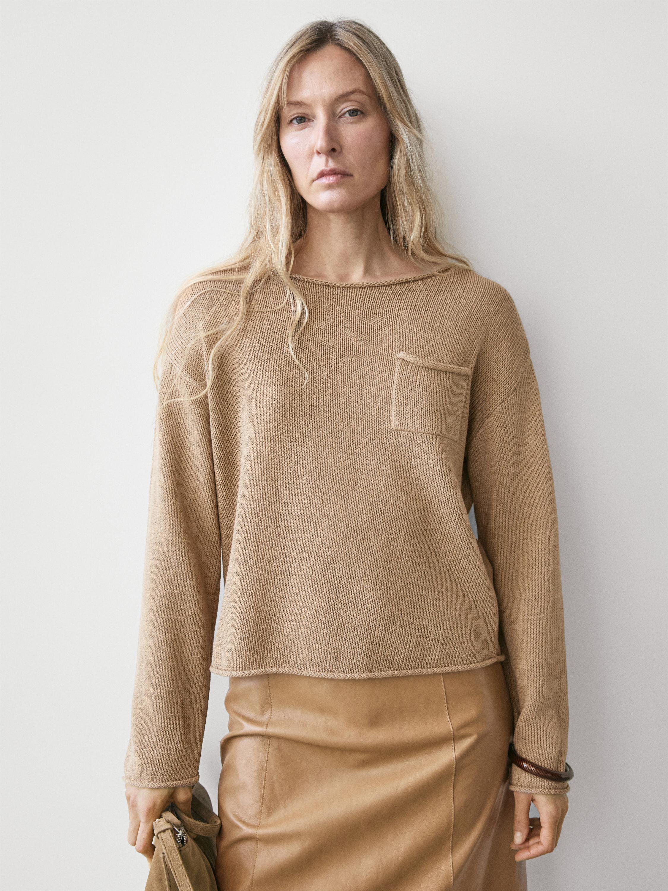 Cotton and linen knit sweater with pocket detail — Washed