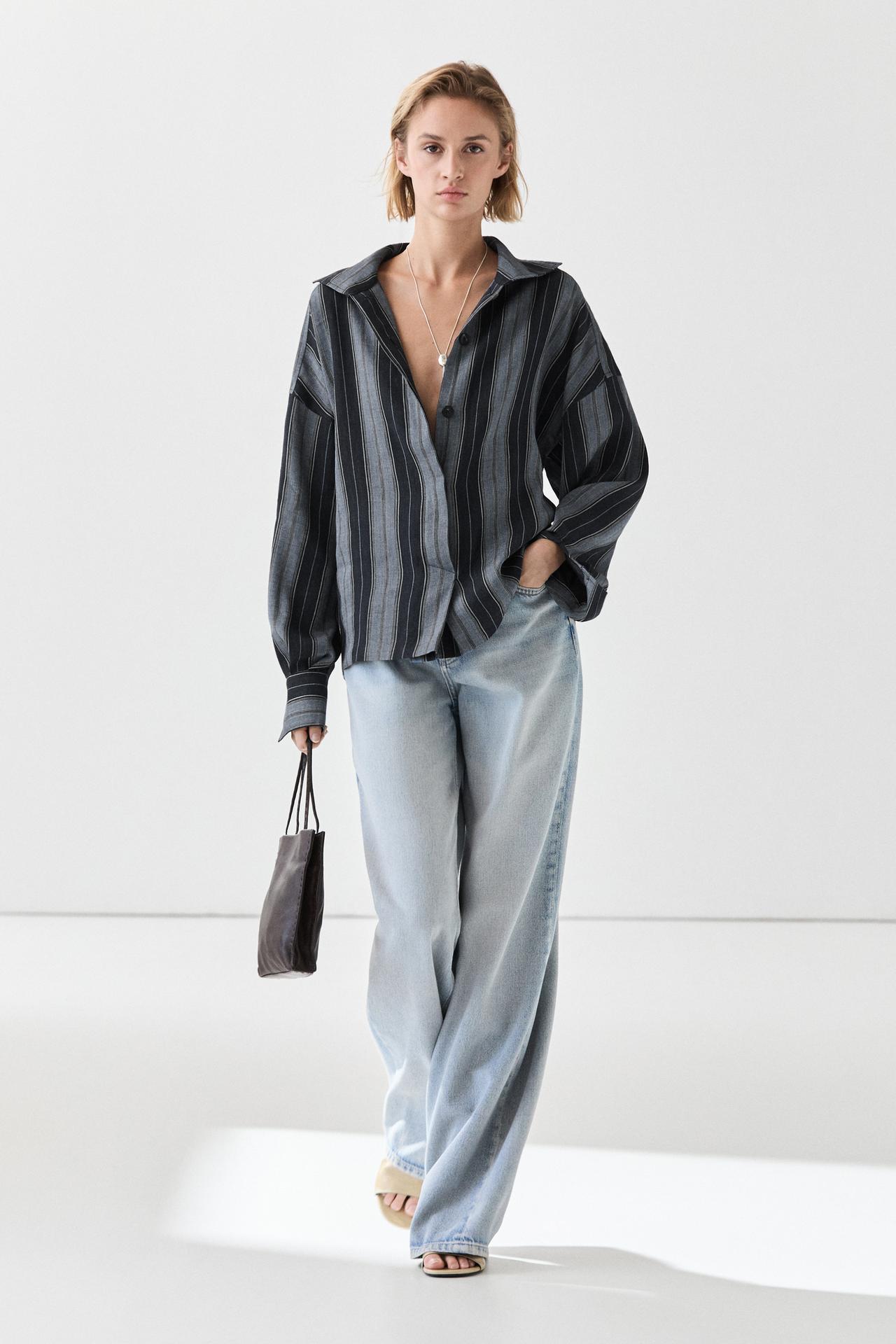 Striped flowing cotton linen shirt — BLUE