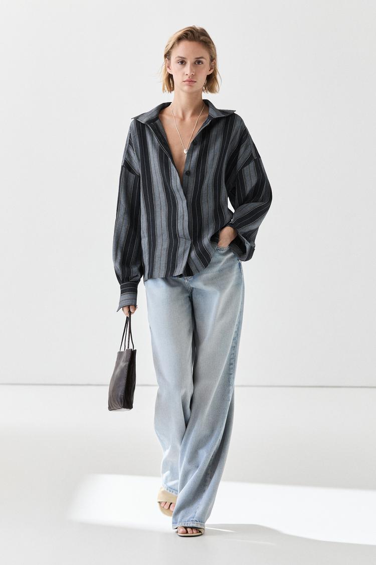 Striped flowing cotton linen shirt — BLUE