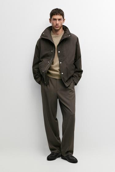 Cotton blend funnel neck jacket — BROWN MARL 1