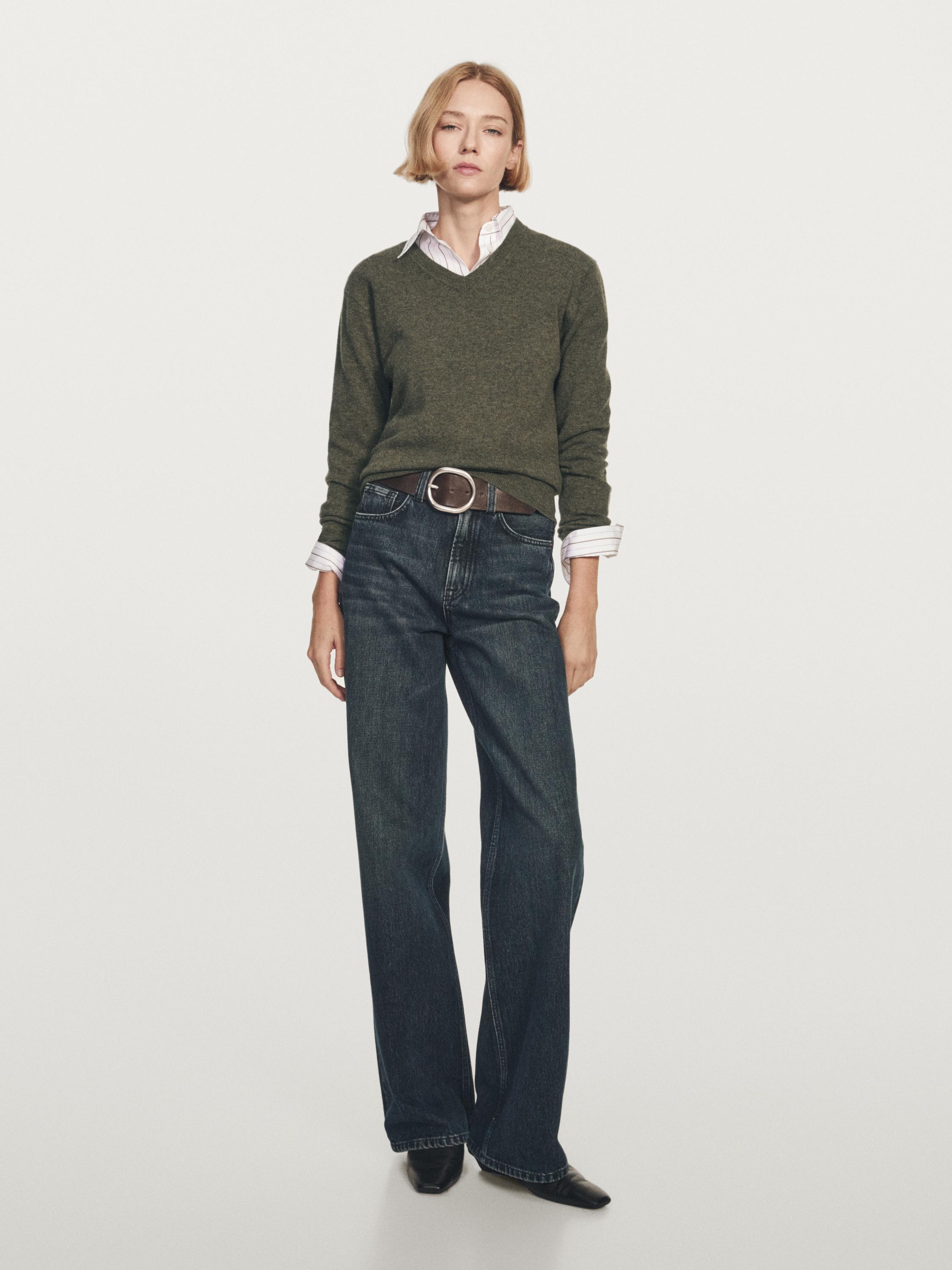Wool blend knit V-neck sweater — GREEN MARL