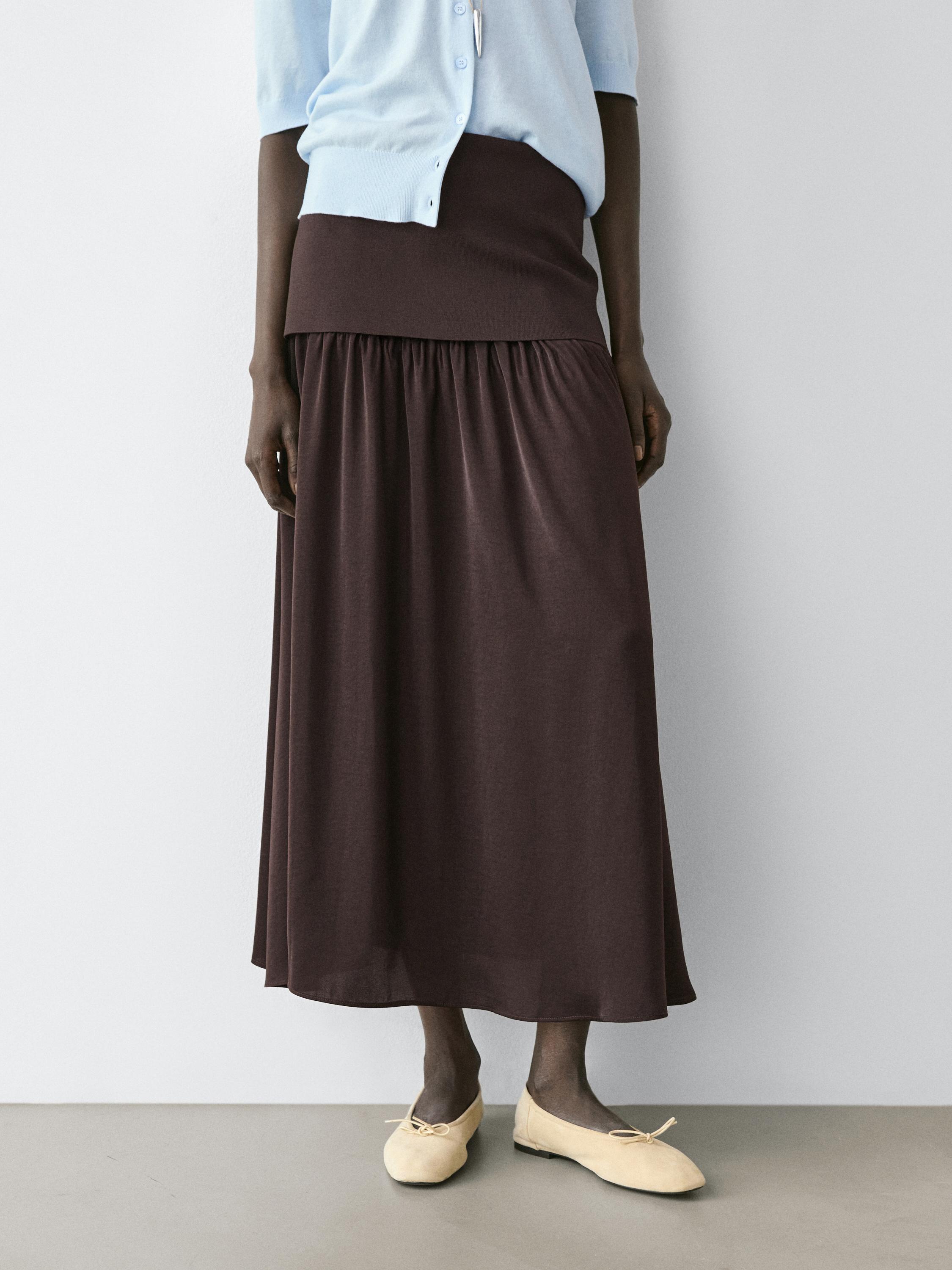 Flowing contrast midi skirt — BROWN