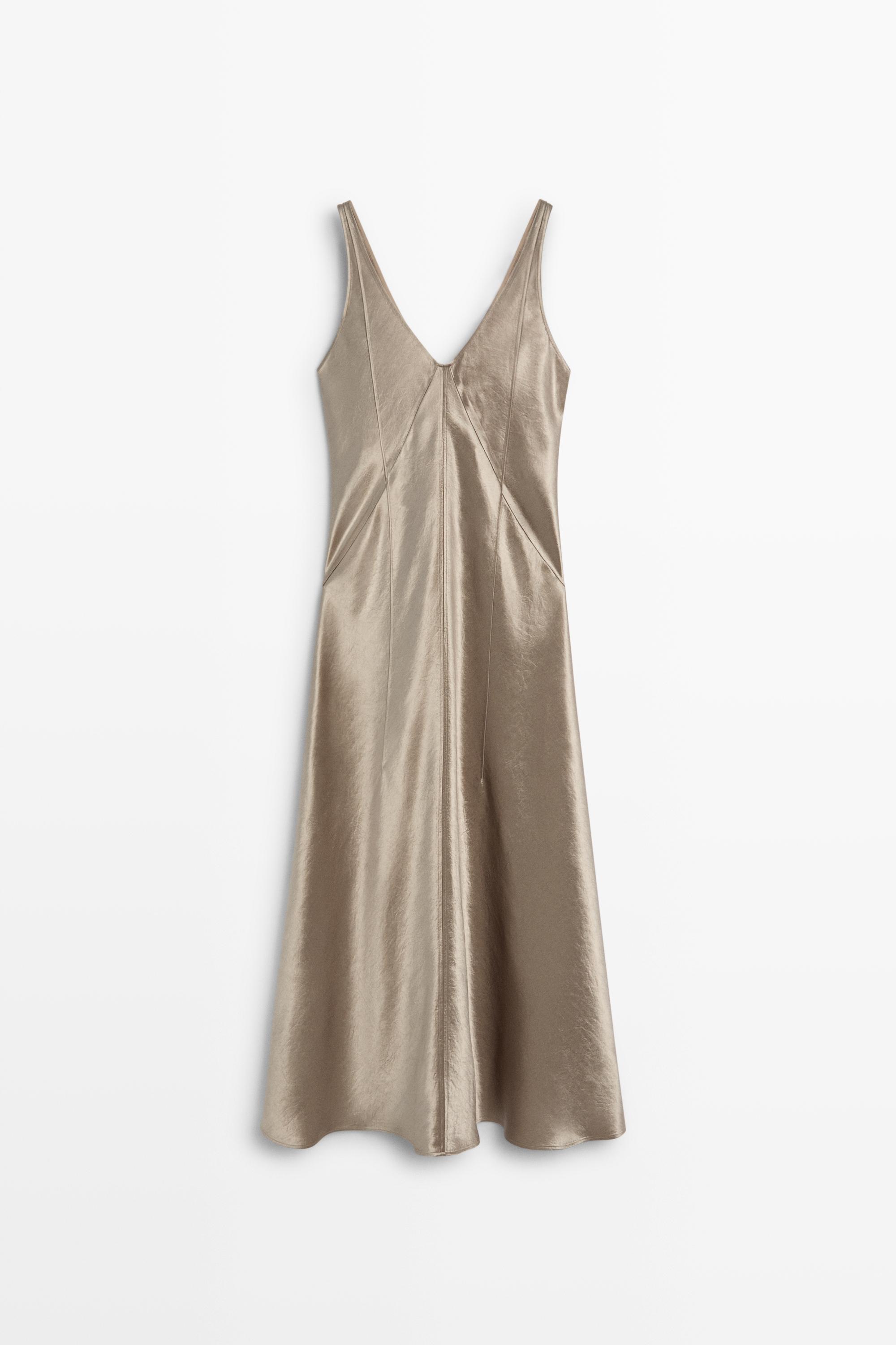 Long V-neck satin dress by Massimo Dutti