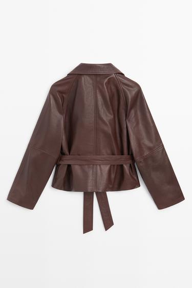 Cropped Nappa leather jacket with belt — BROWN 6