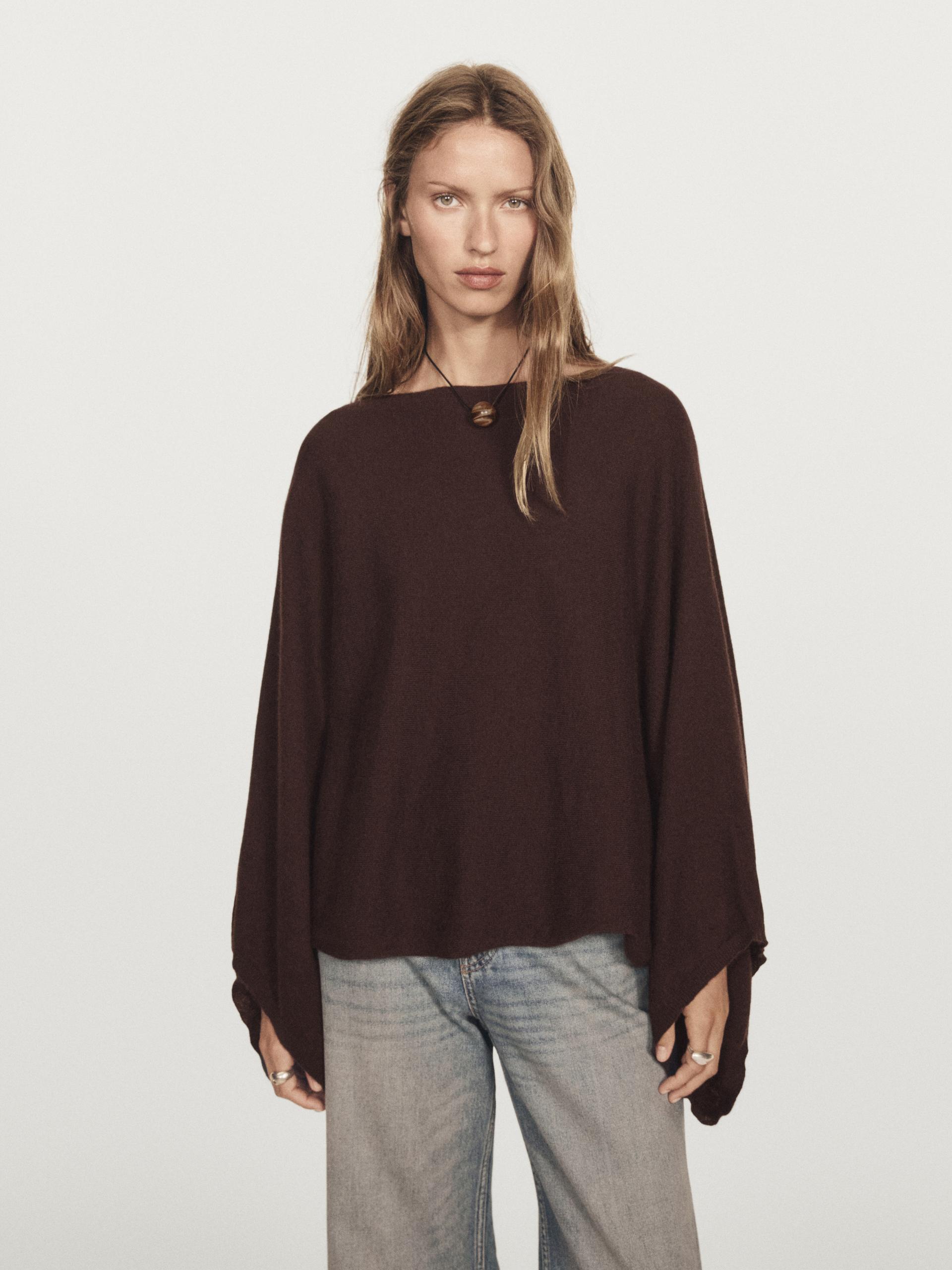 Massimo Dutti 100% Cashmere Short Knit Cape In Brown