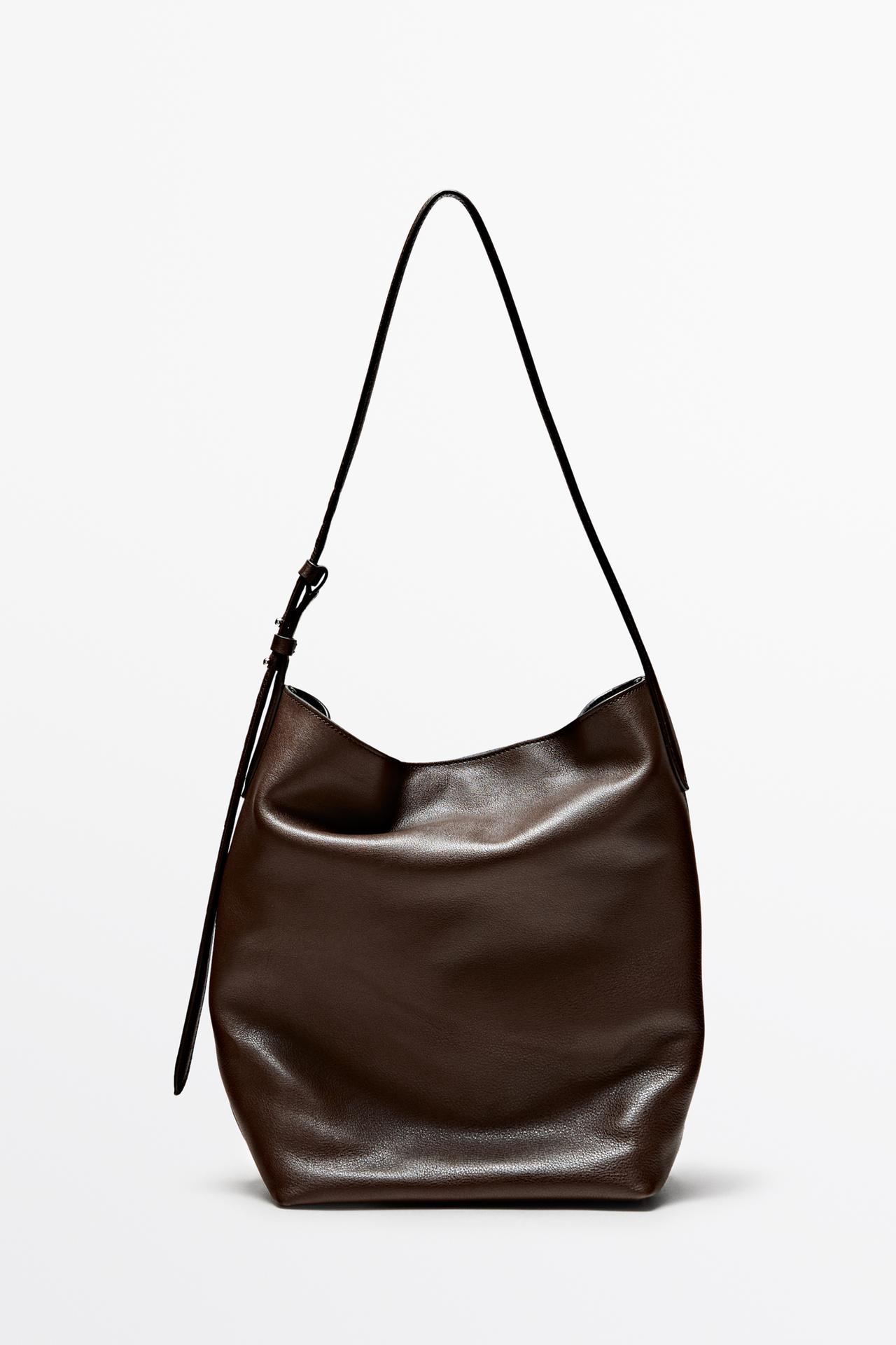 Borsa A Secchiello In Pelle Nappa - Marrone Topo - 01 - Massimo Dutti - Femminile