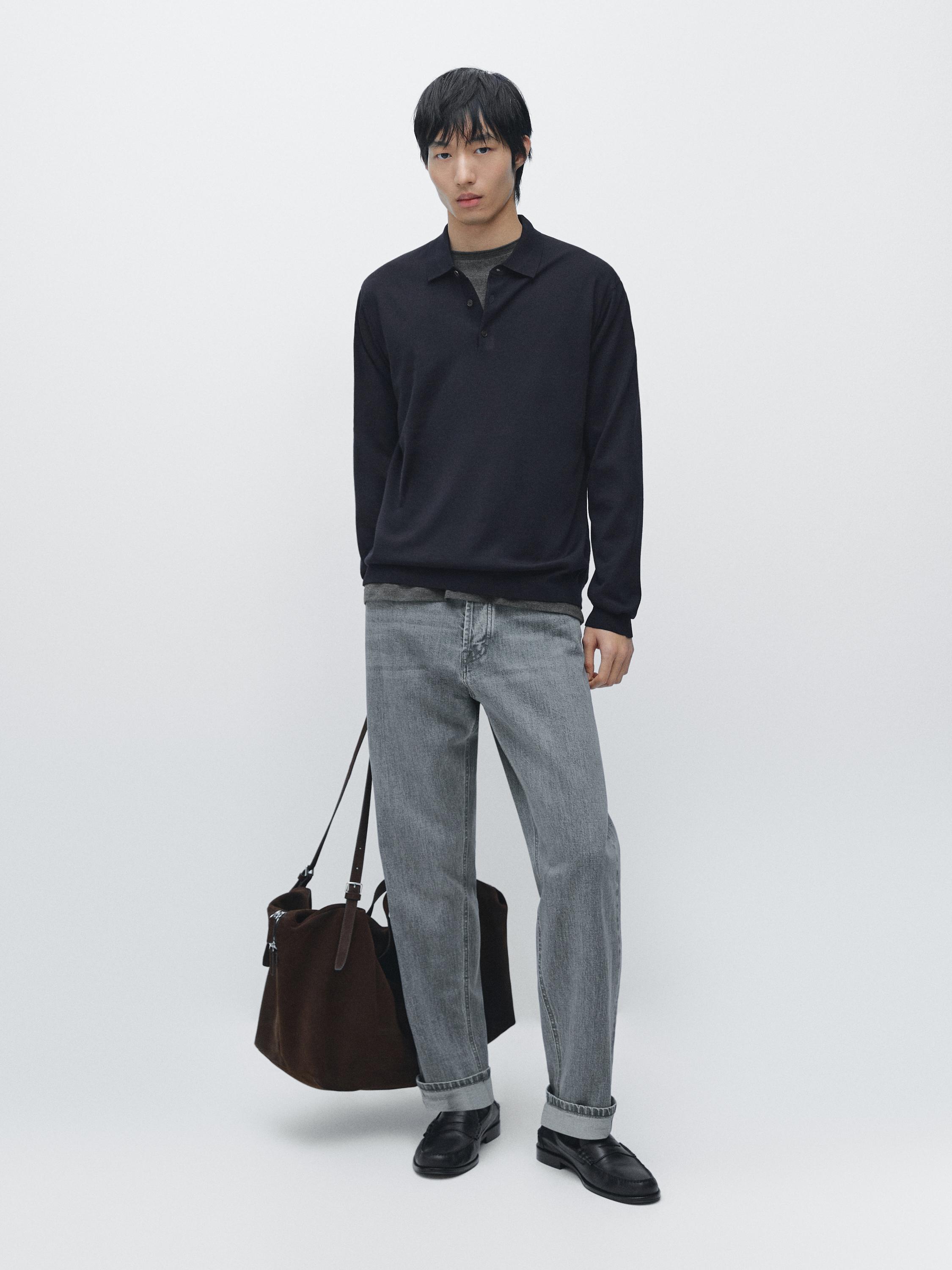 100% wool knit sweater with polo collar — NAVY BLUE