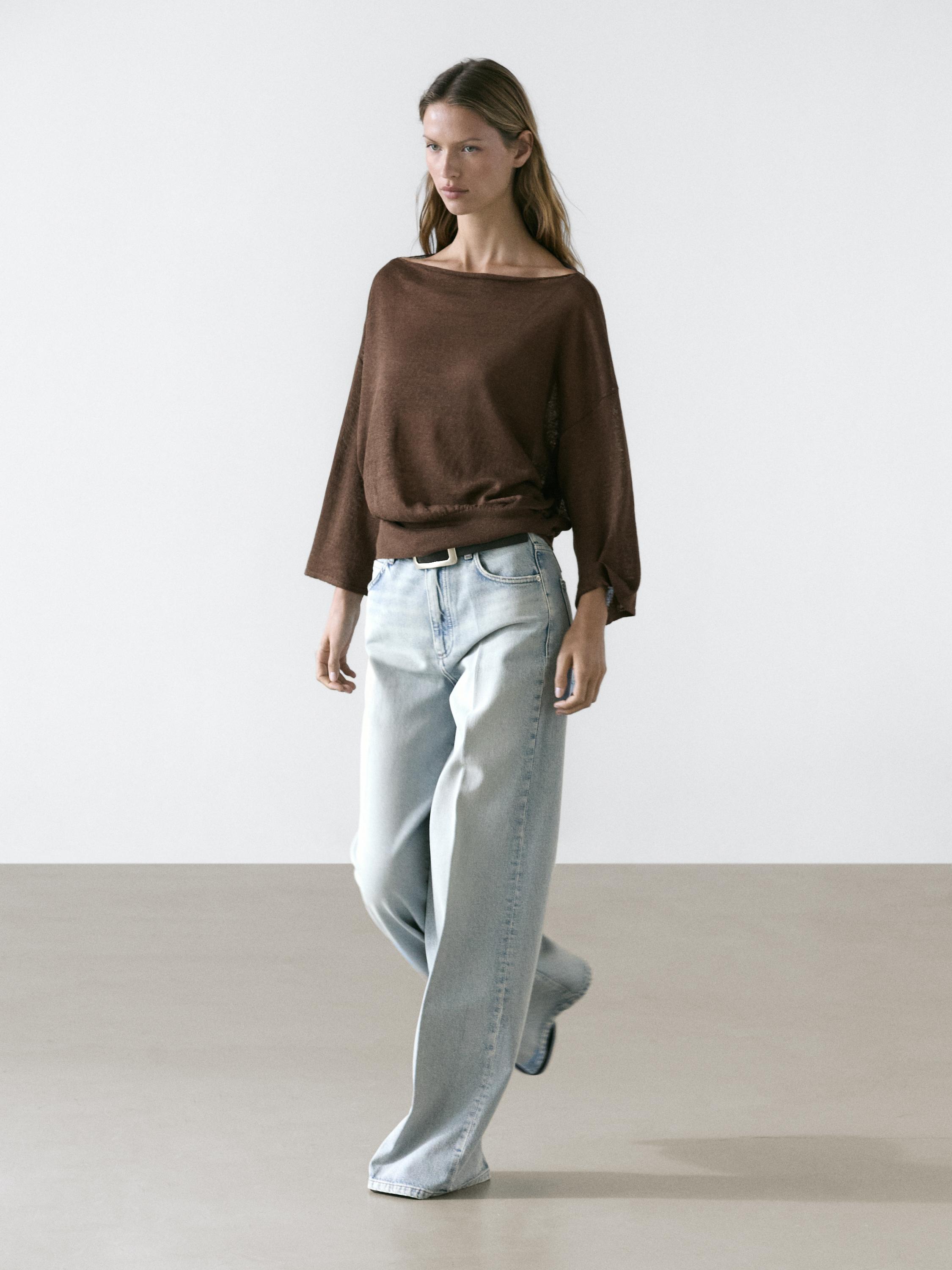 Linen knit boat neck T-shirt — BROWN