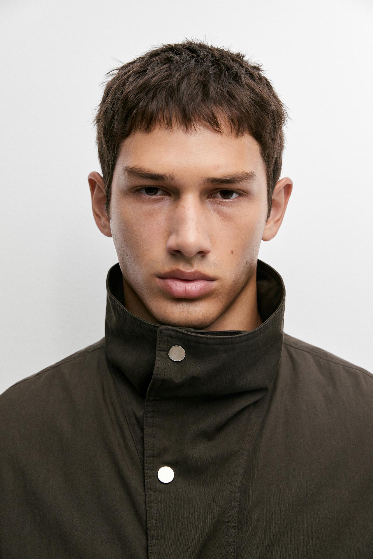 Cotton blend funnel neck jacket — BROWN MARL