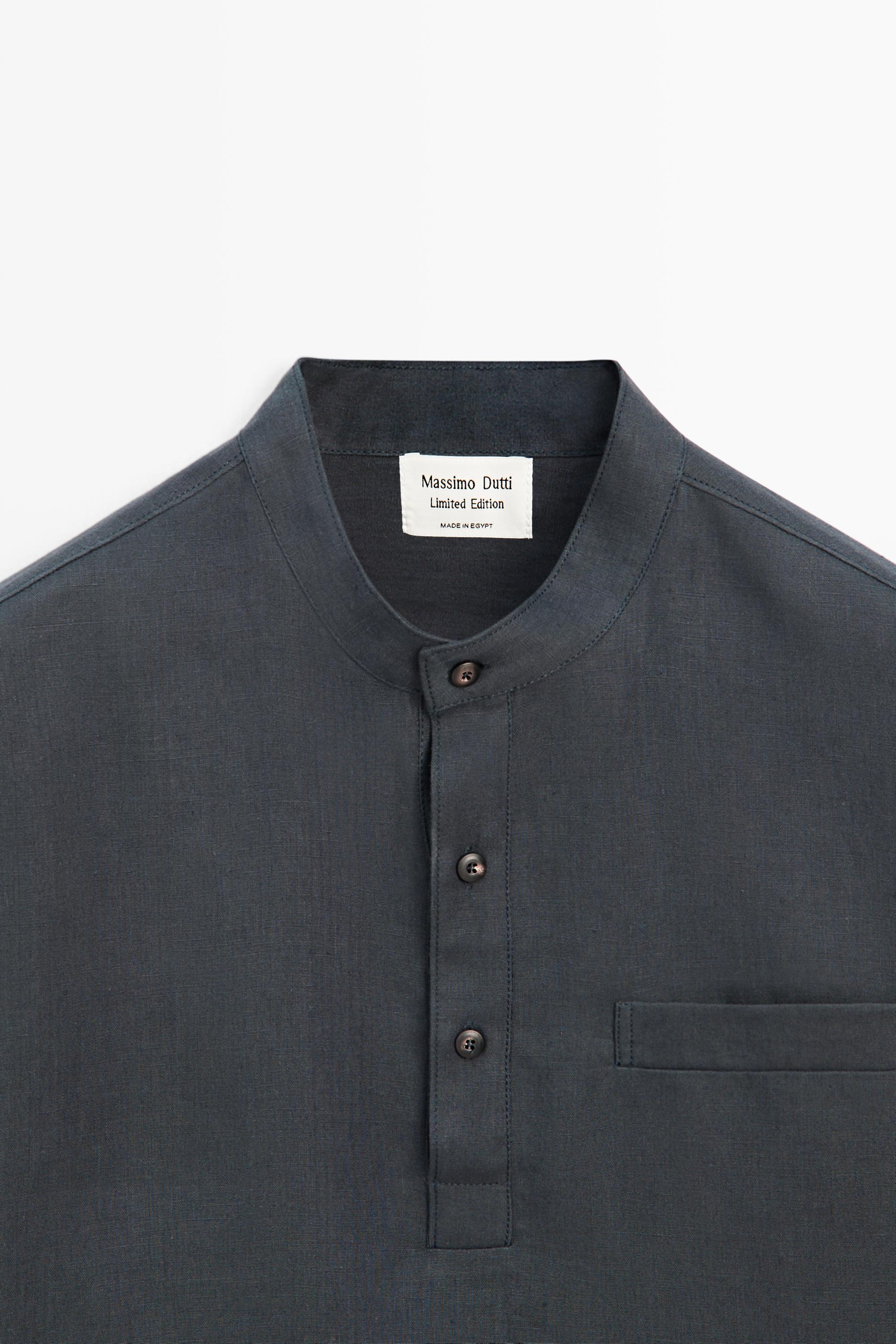 Linen button-up shirt with stand collar - LIMITED EDITION — NAVY BLUE