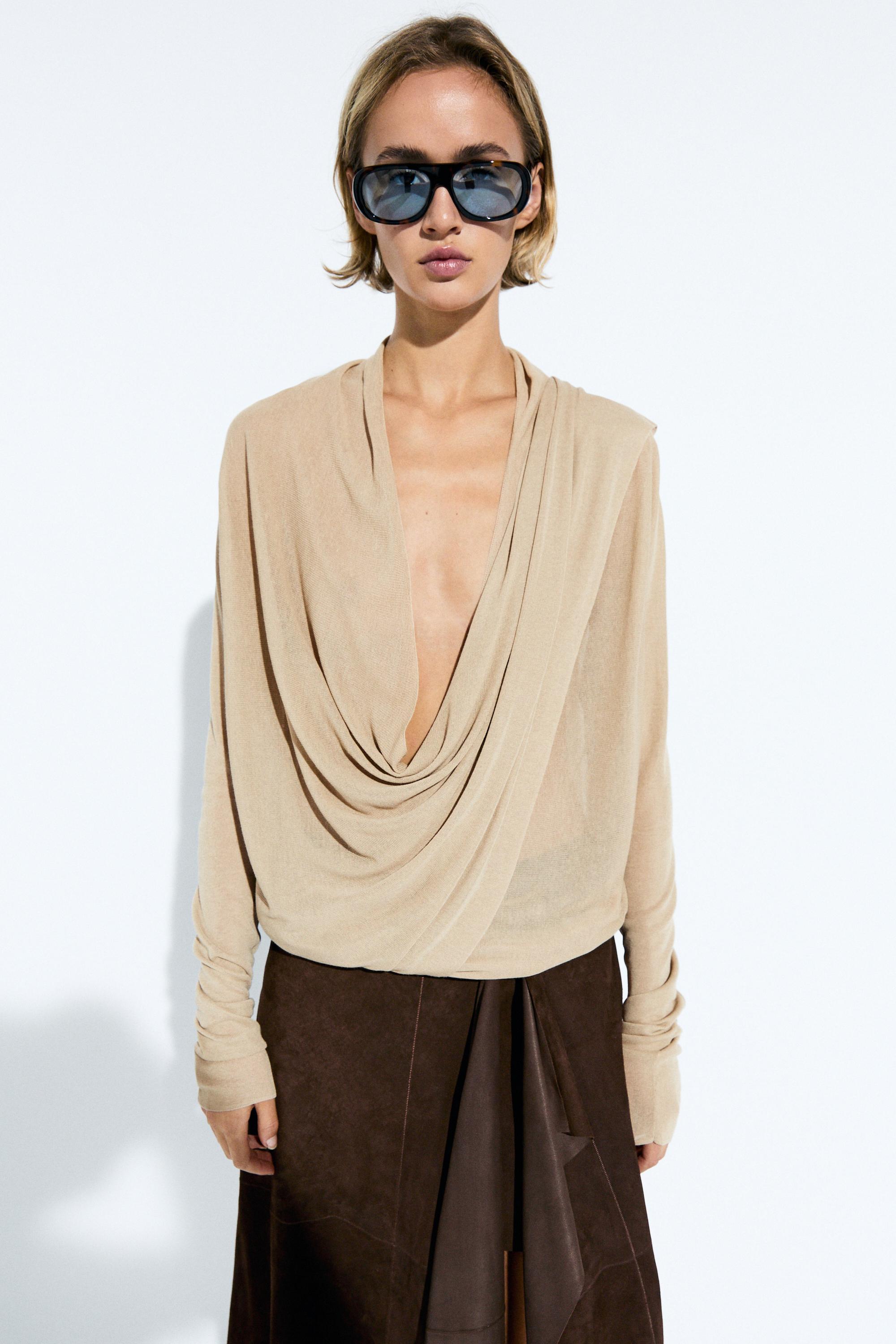 Draped wrap-effect knit cardigan — SAND