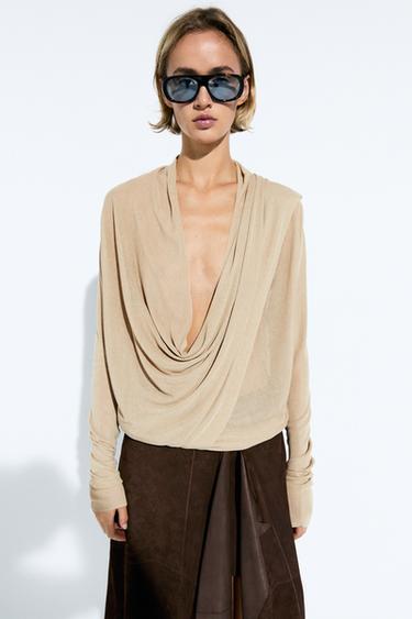Draped wrap-effect knit cardigan — SAND 3