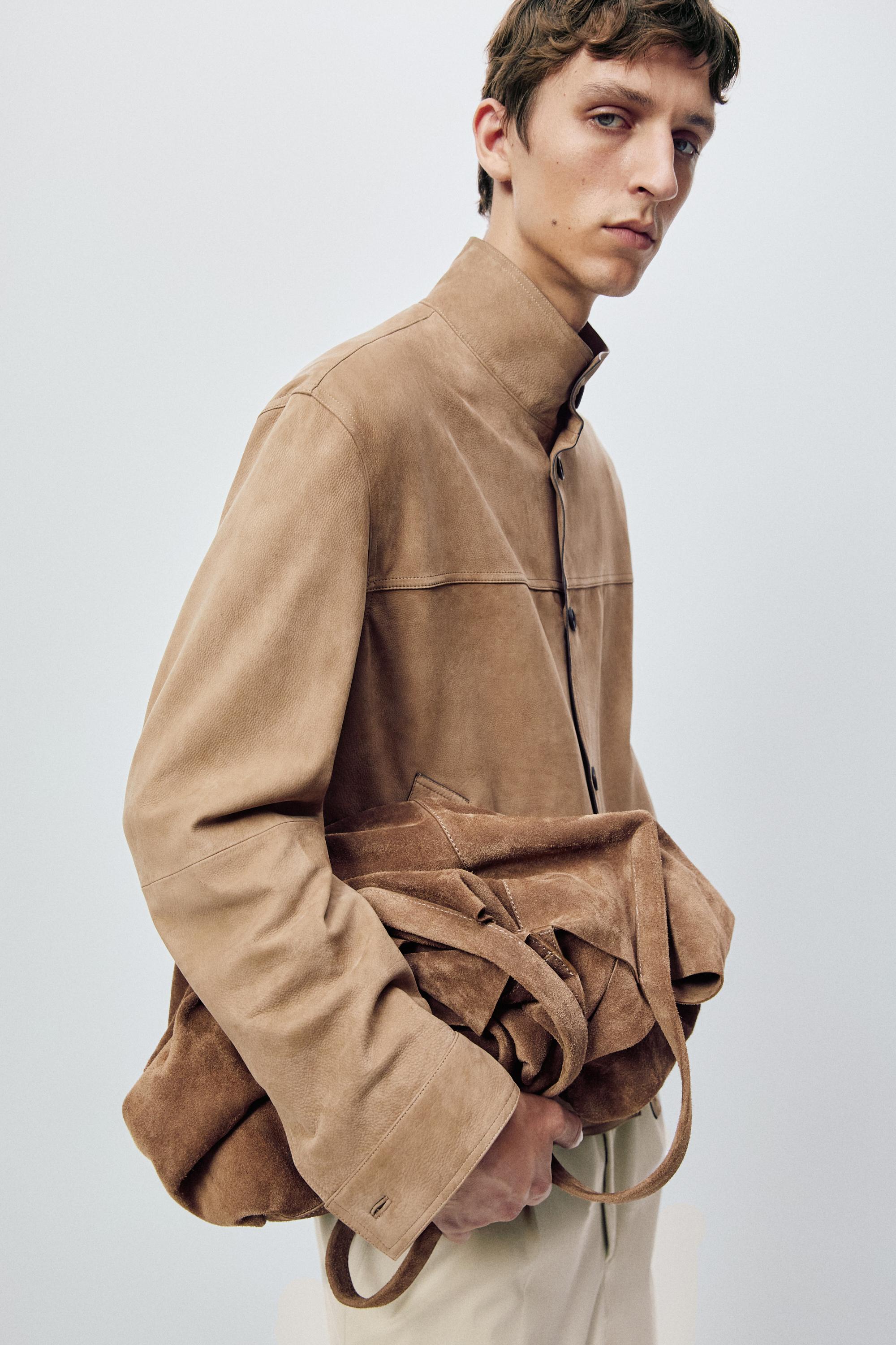Nubuck leather jacket with stand-up collar — BEIGE