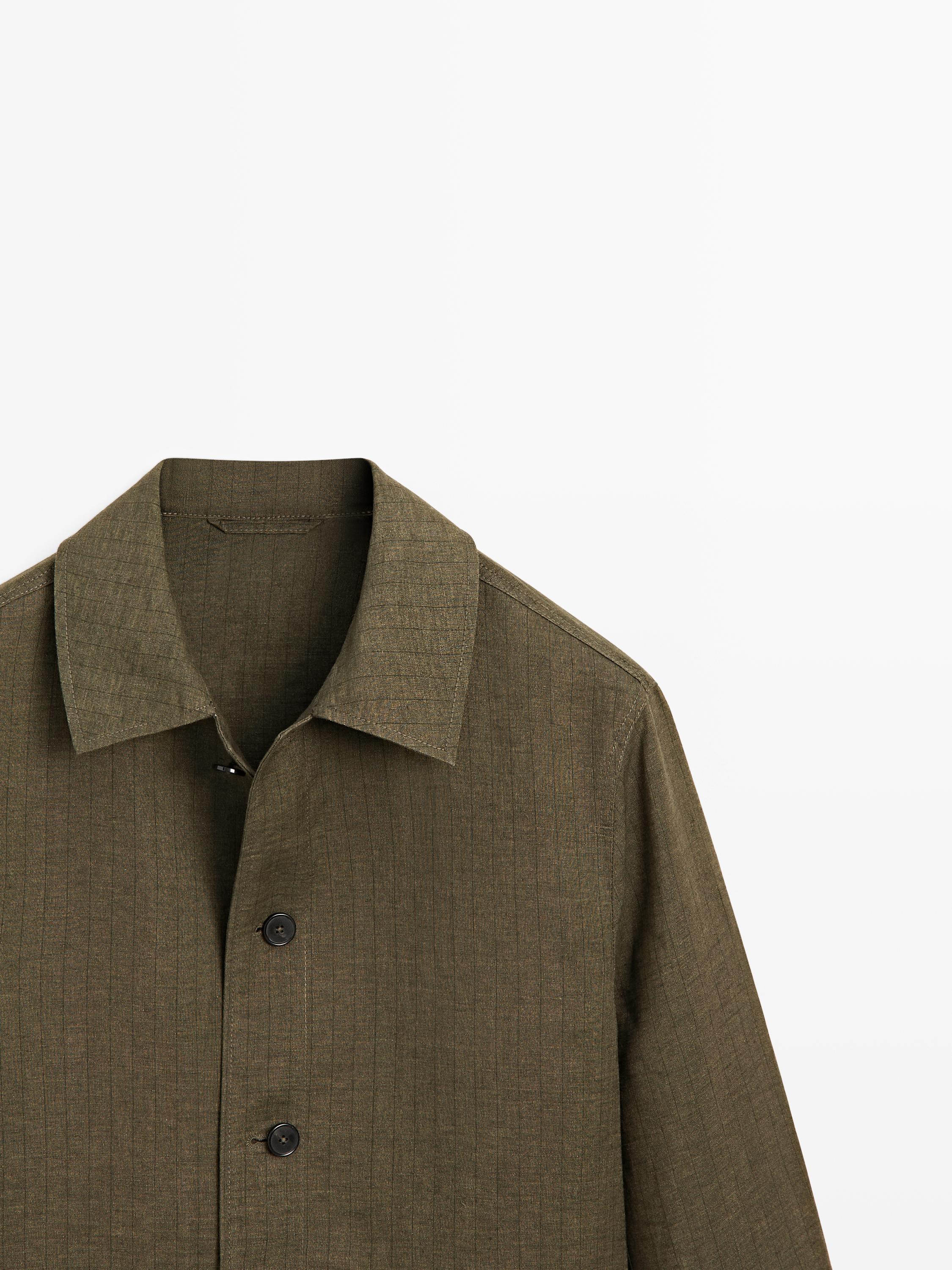 100% linen overshirt with pockets and striped detail — GREEN