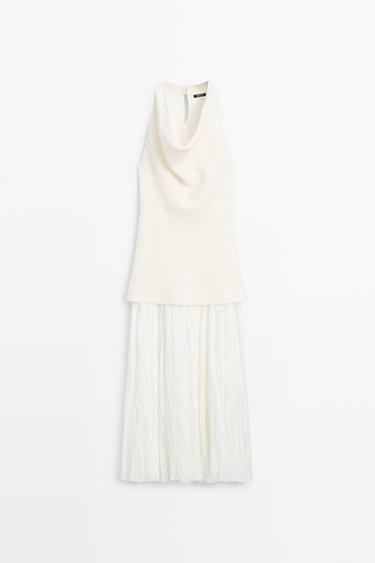 Combined flowing pleated linen dress — Off white 2