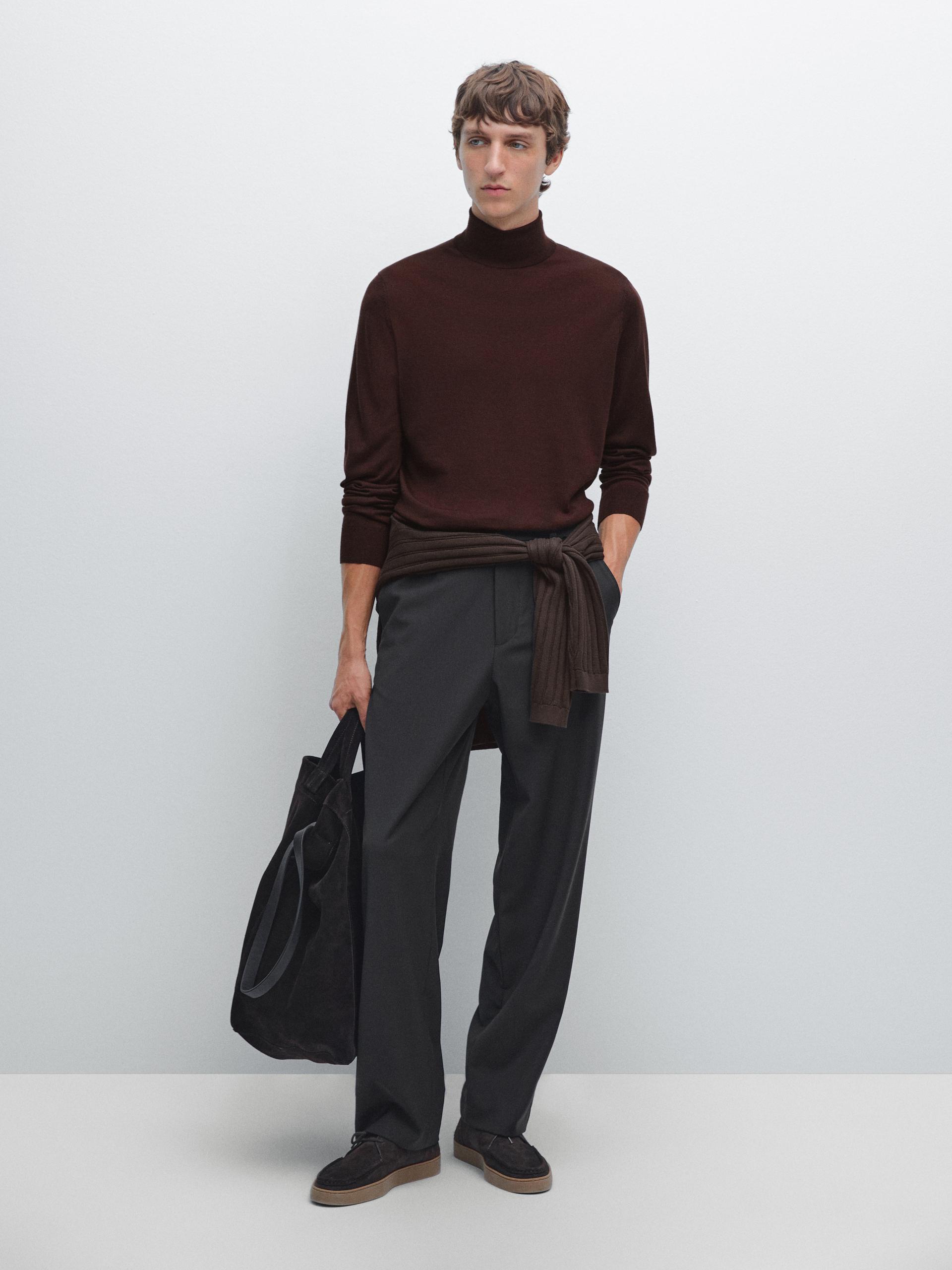 Pull Laine En Maille À Col Montant - Bordeaux - Xxl - Massimo Dutti - Homme