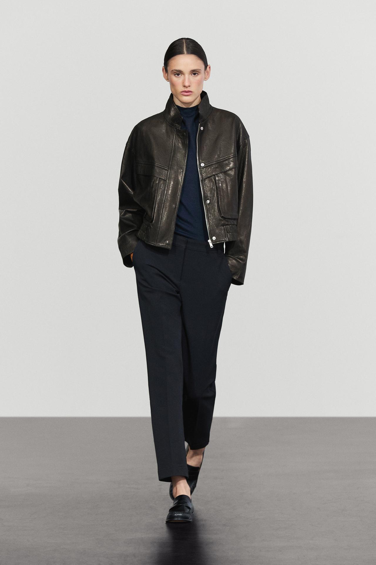 Short high collar Nappa leather jacket — BLACK