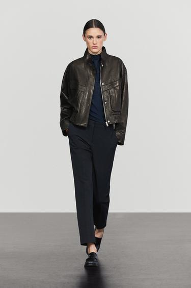 Short high collar Nappa leather jacket — BLACK 1