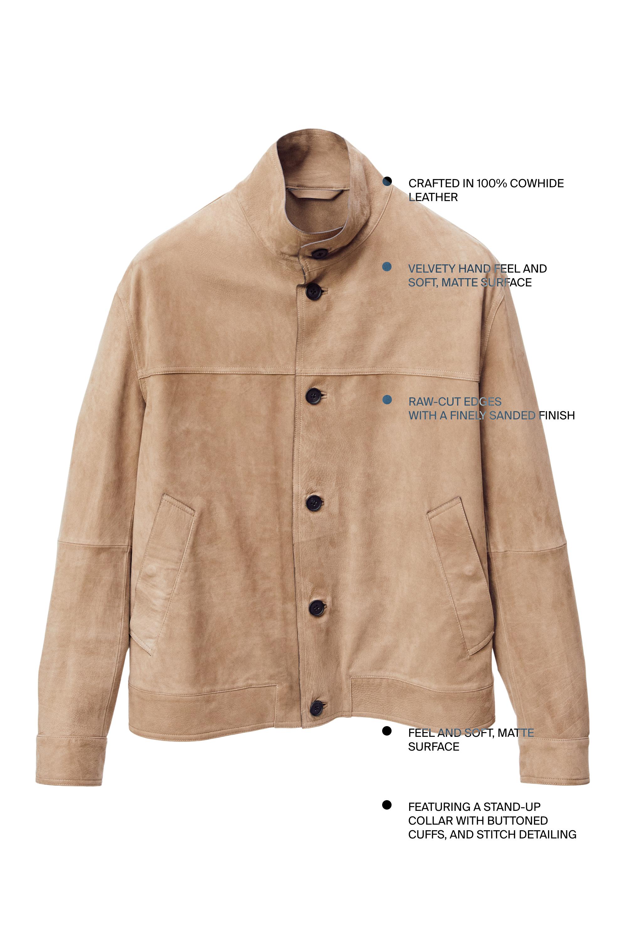 Nubuck leather jacket with stand-up collar — BEIGE