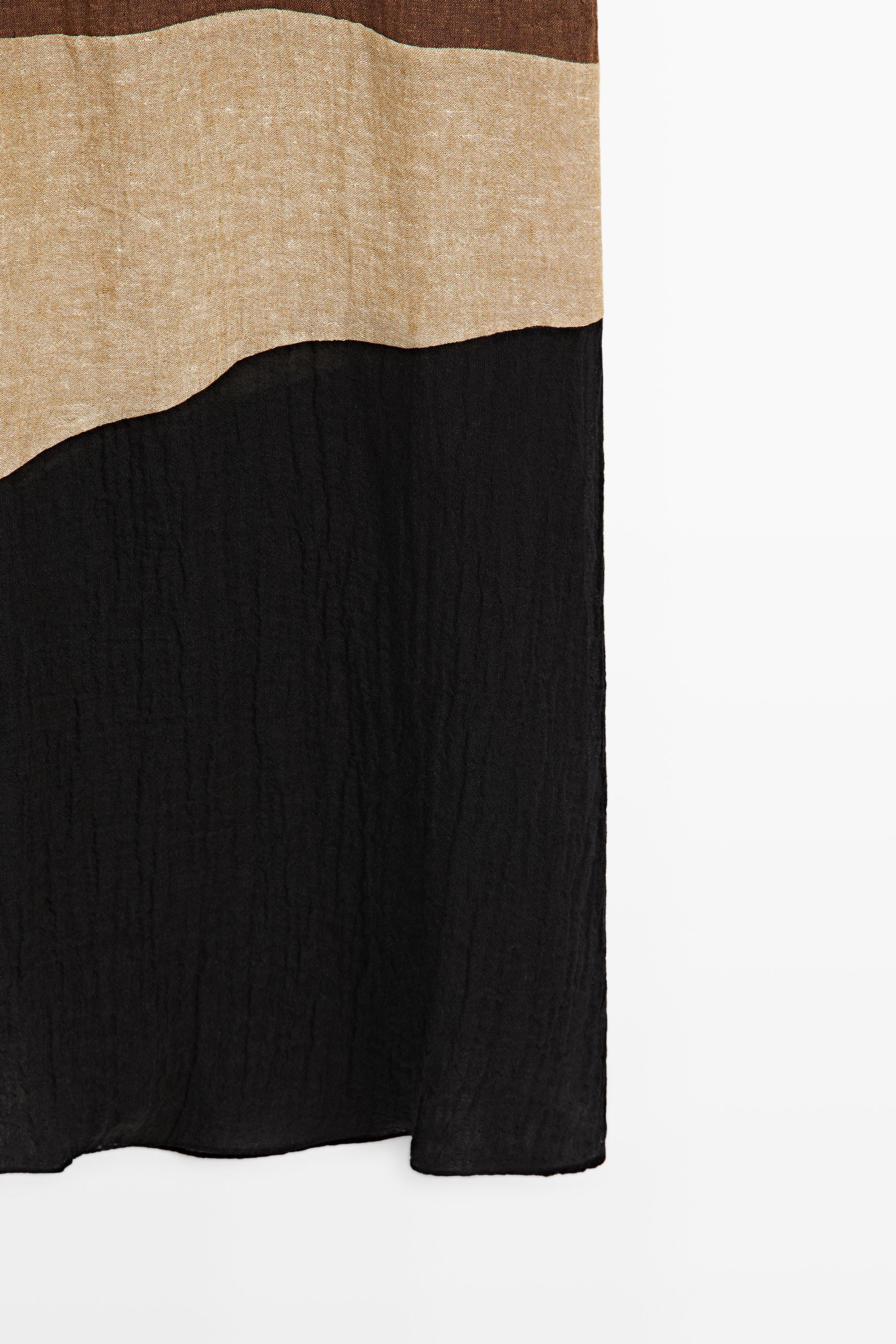 Combined linen blend midi dress — BROWN