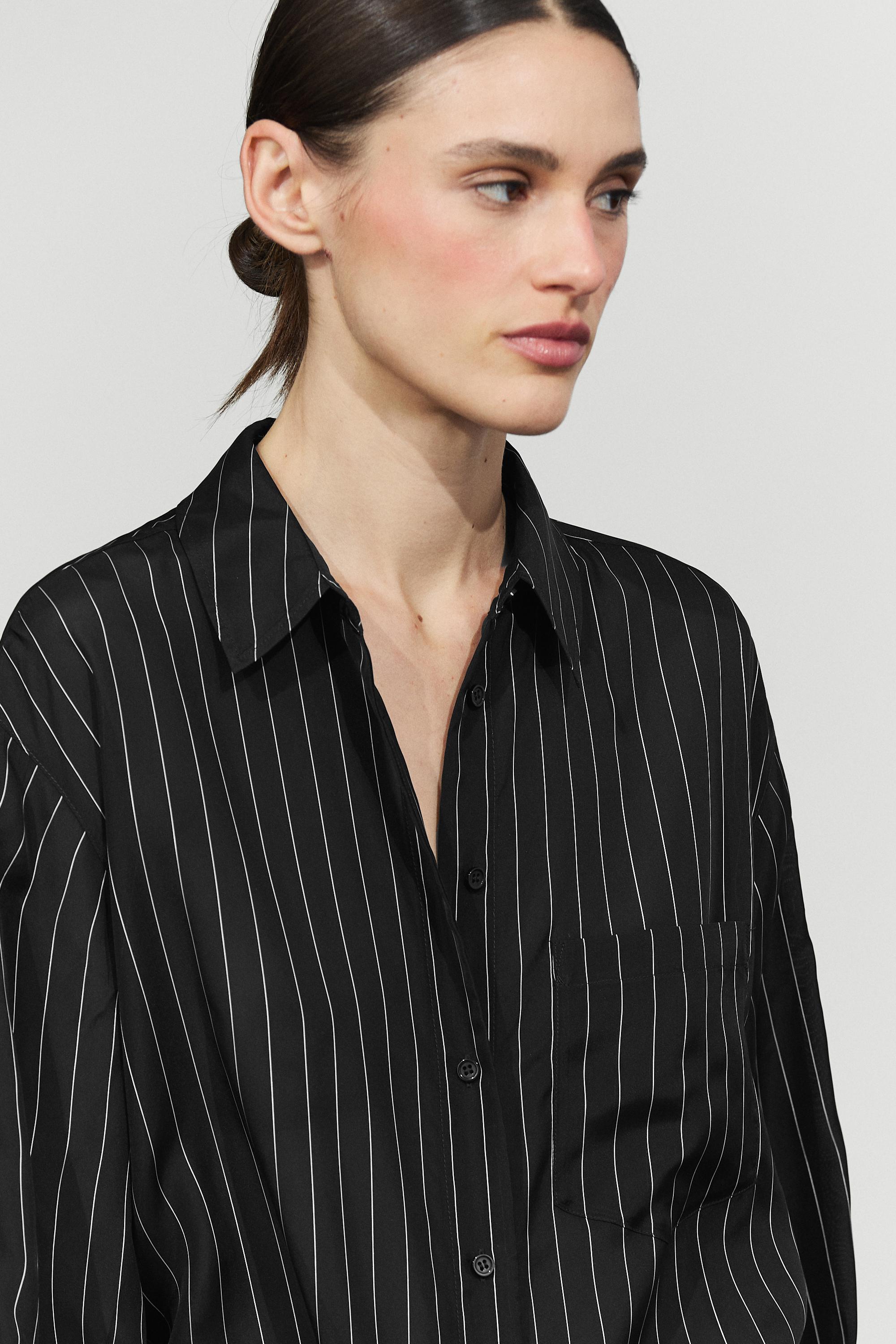 Striped flowing shirt with pocket detail — BLACK