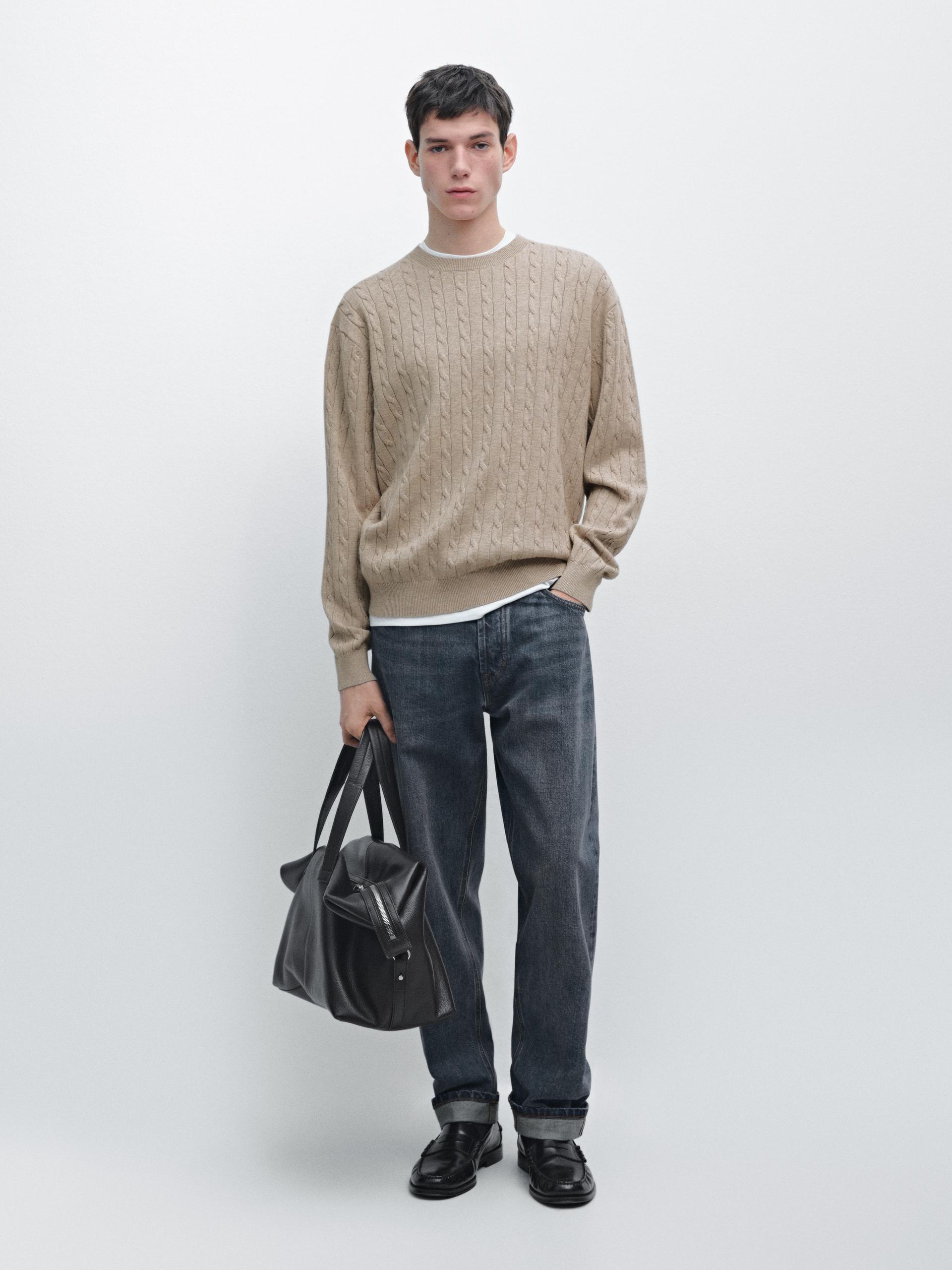 Pull Torsadé 100 % Coton - Vison - L - Massimo Dutti - Homme