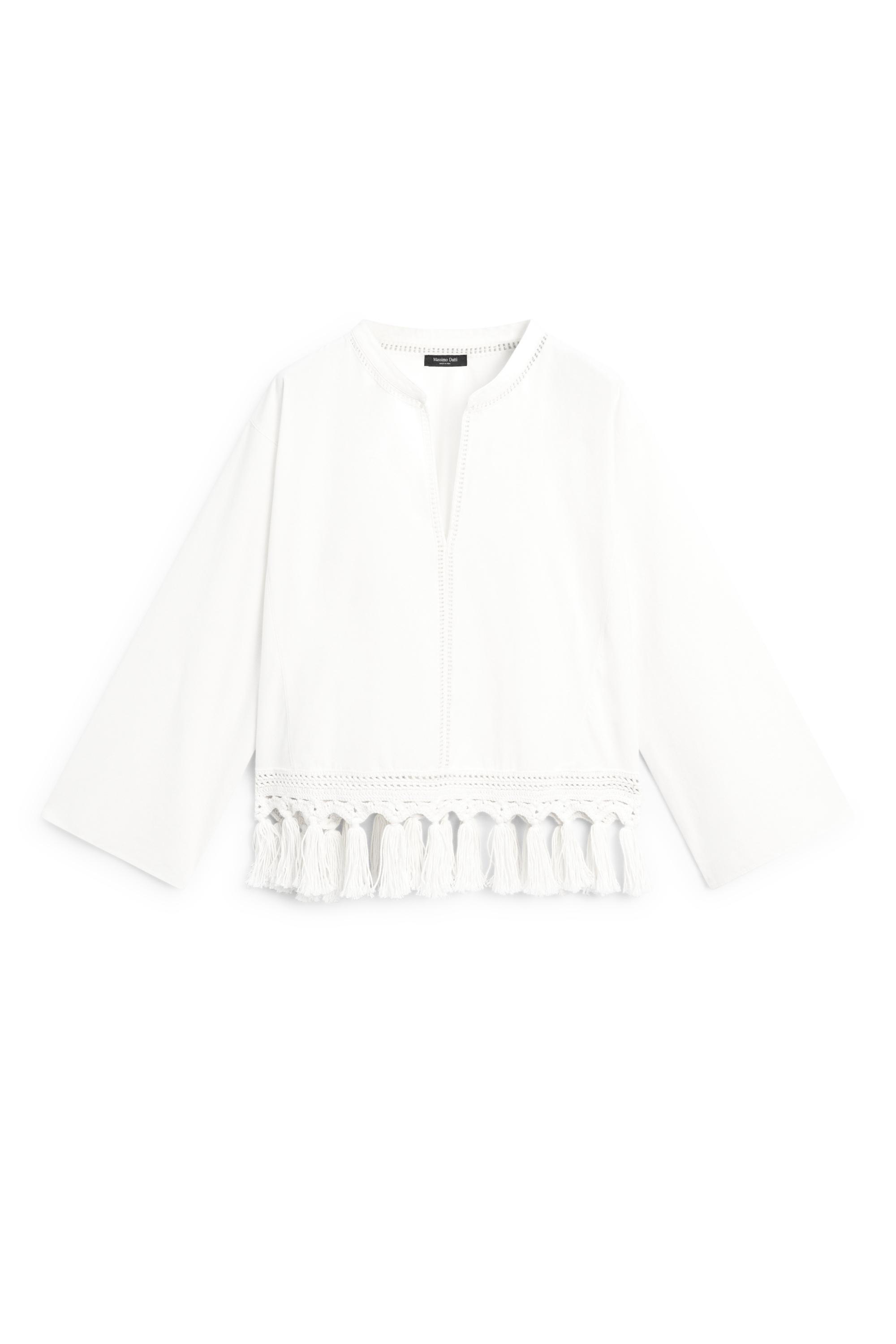 Embroidered blouse with fringed hem — WHITE
