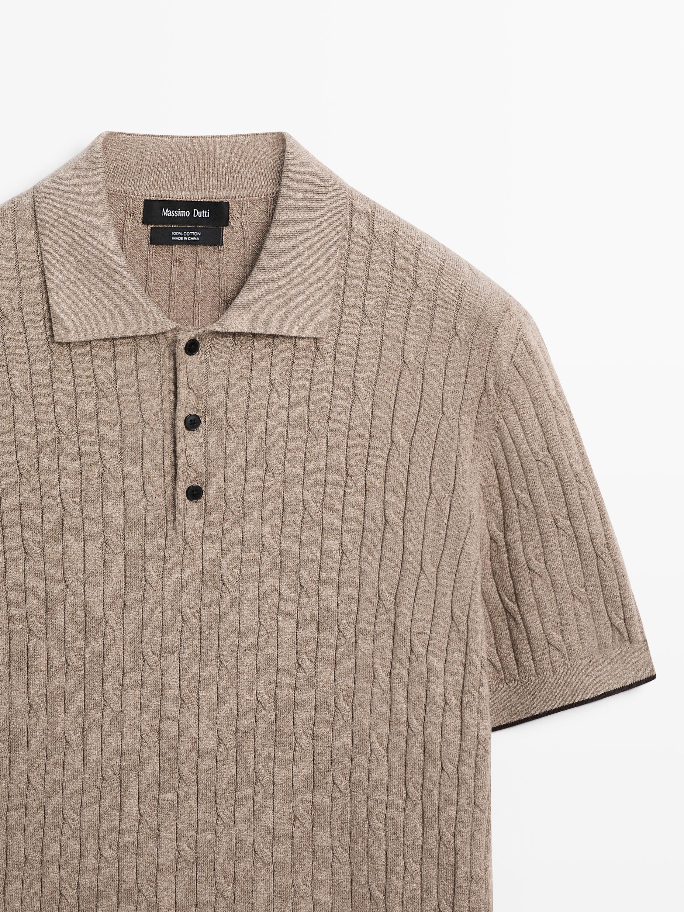 Cotton blend cable-knit polo sweater — Dark beige