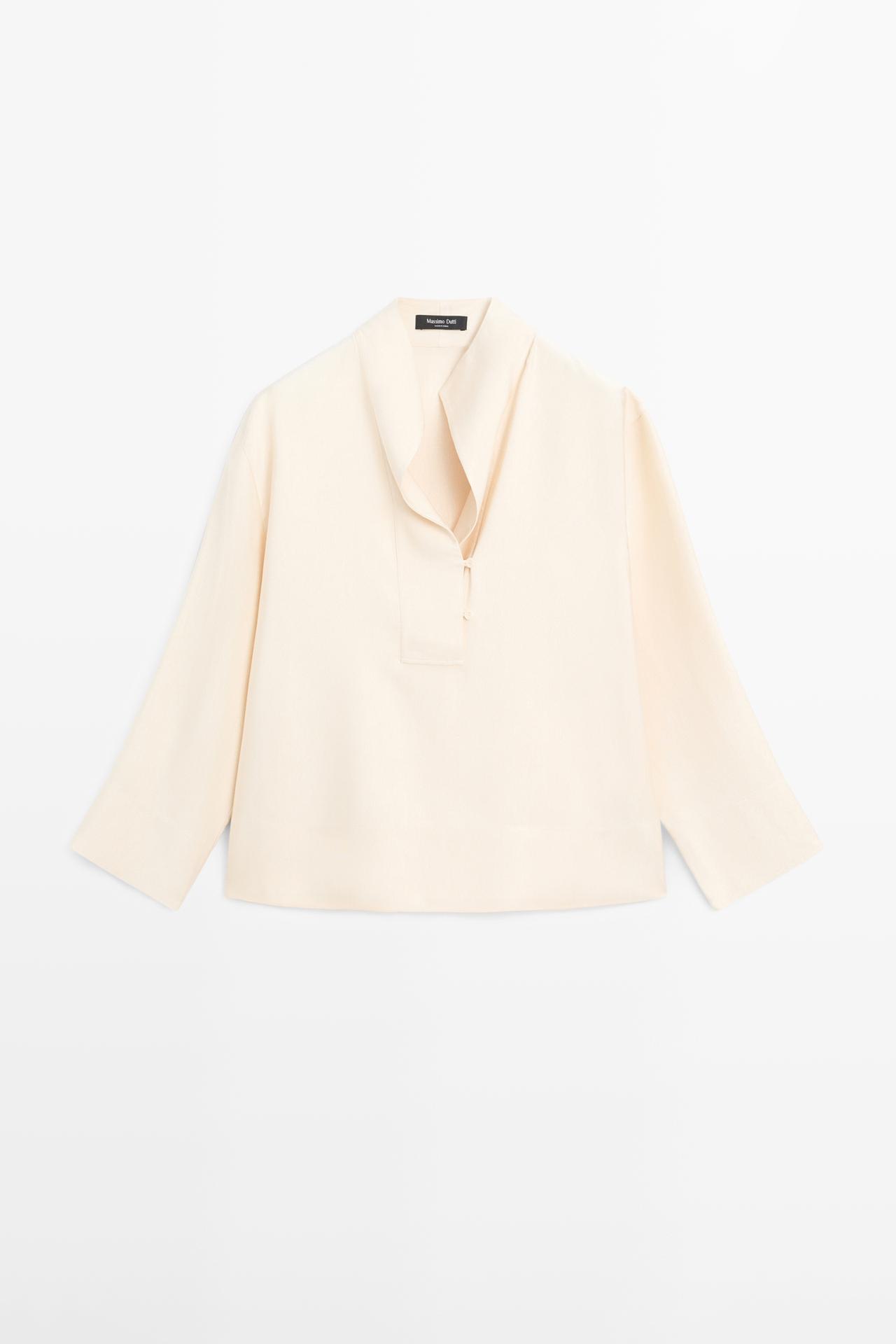 Massimo Dutti - Dame - Loose Fit Bluse Med Bryststykke - Råhvid - Xs