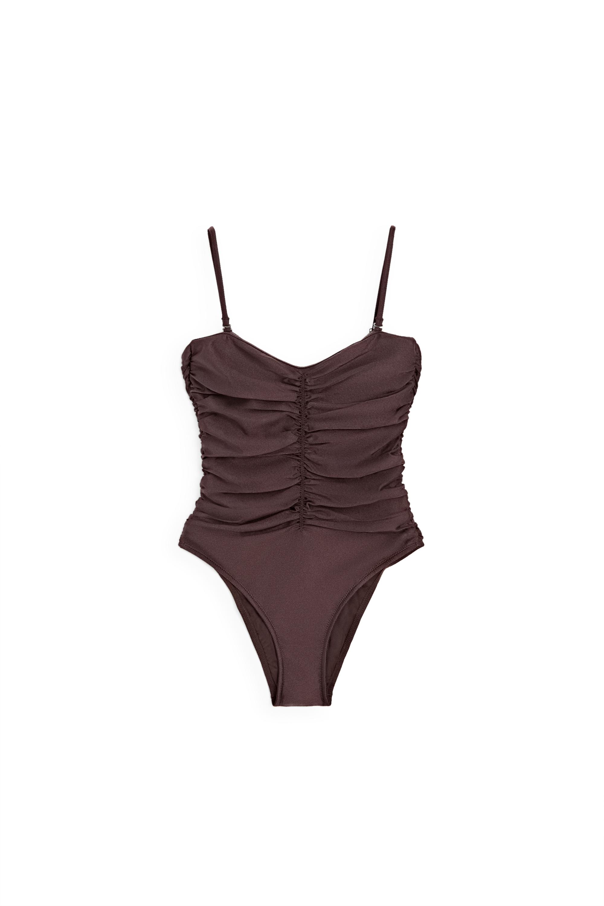 Shimmery gathered swimsuit — BROWN