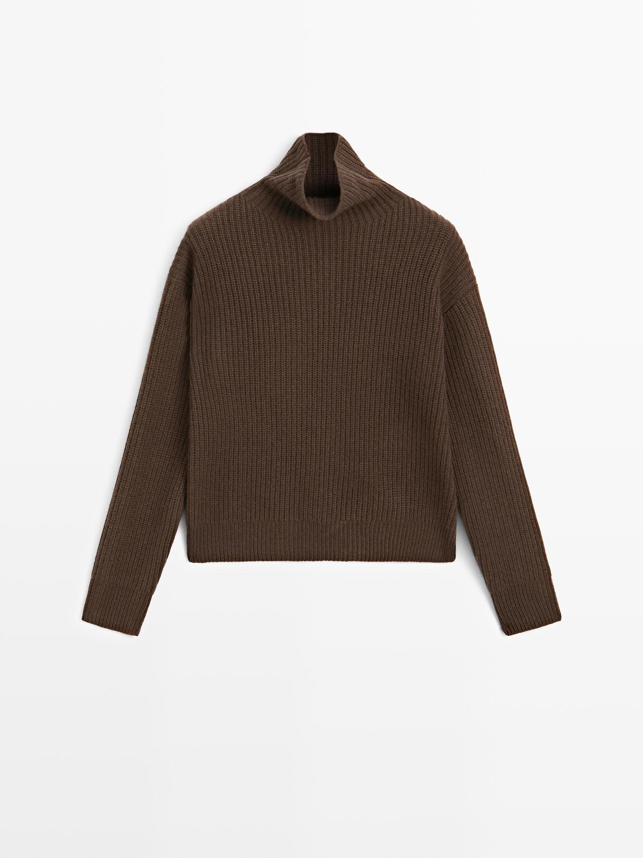 Massimo Dutti - Dame - Striktrøje I 100 % Uld Med Høj Hals - Brun - L